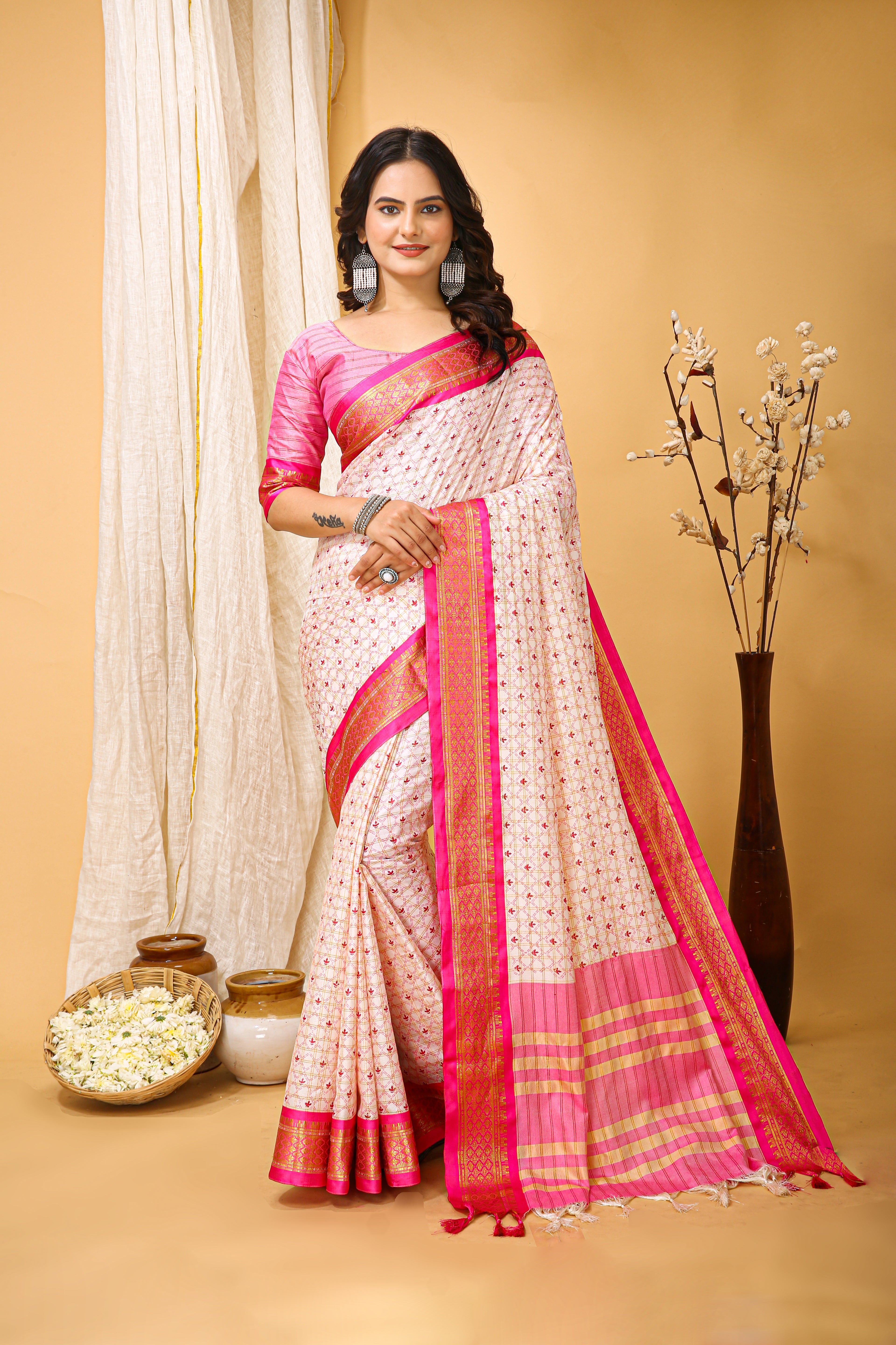 SOFT COTTON SILK CHECKS PRINTED PINK BODERED SAREE WITH PURE ZARI WORK & BEAUTIFUL JECARD BORDER UNSTICHED BLOUSE