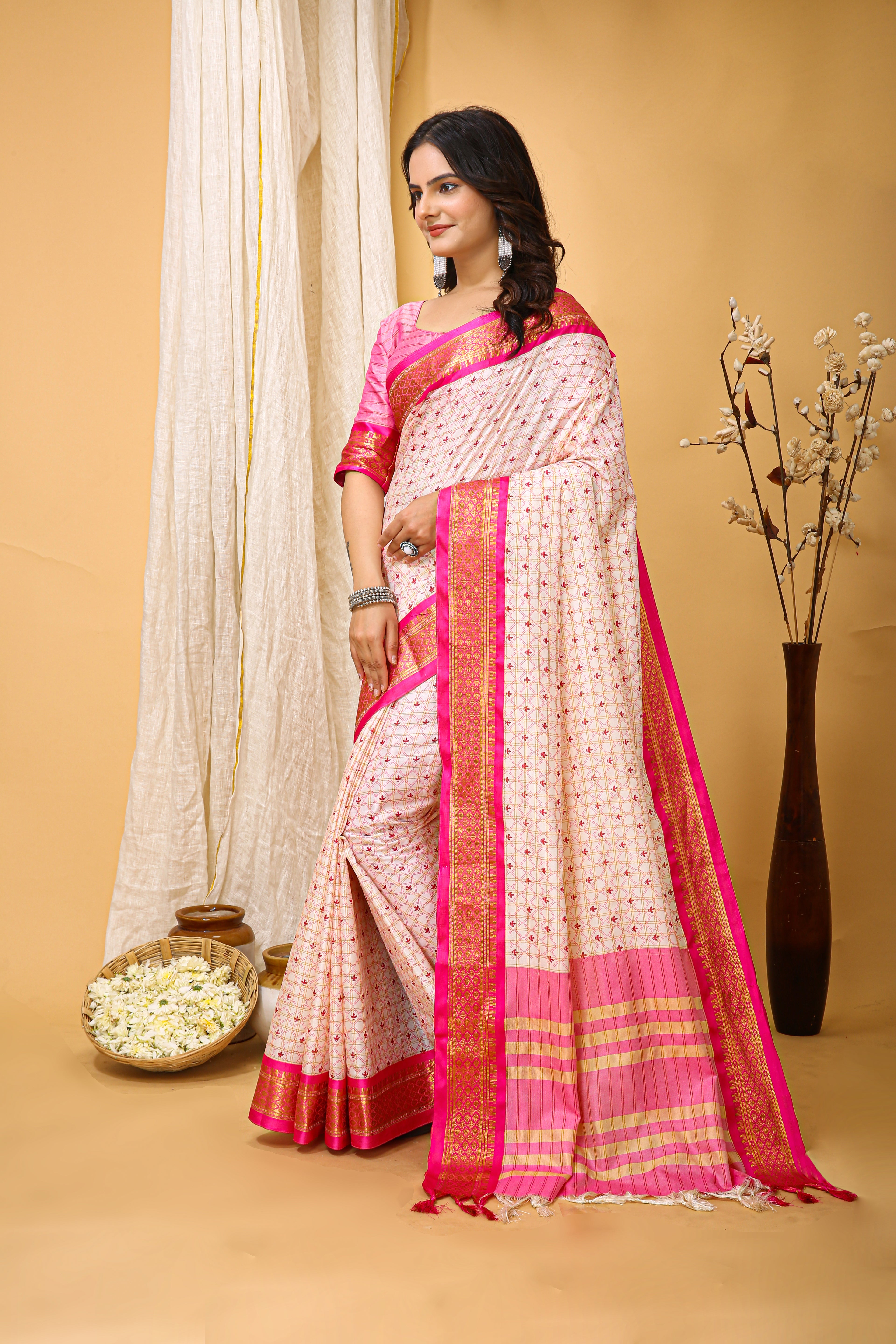 SOFT COTTON SILK CHECKS PRINTED PINK BODERED SAREE WITH PURE ZARI WORK & BEAUTIFUL JECARD BORDER UNSTICHED BLOUSE