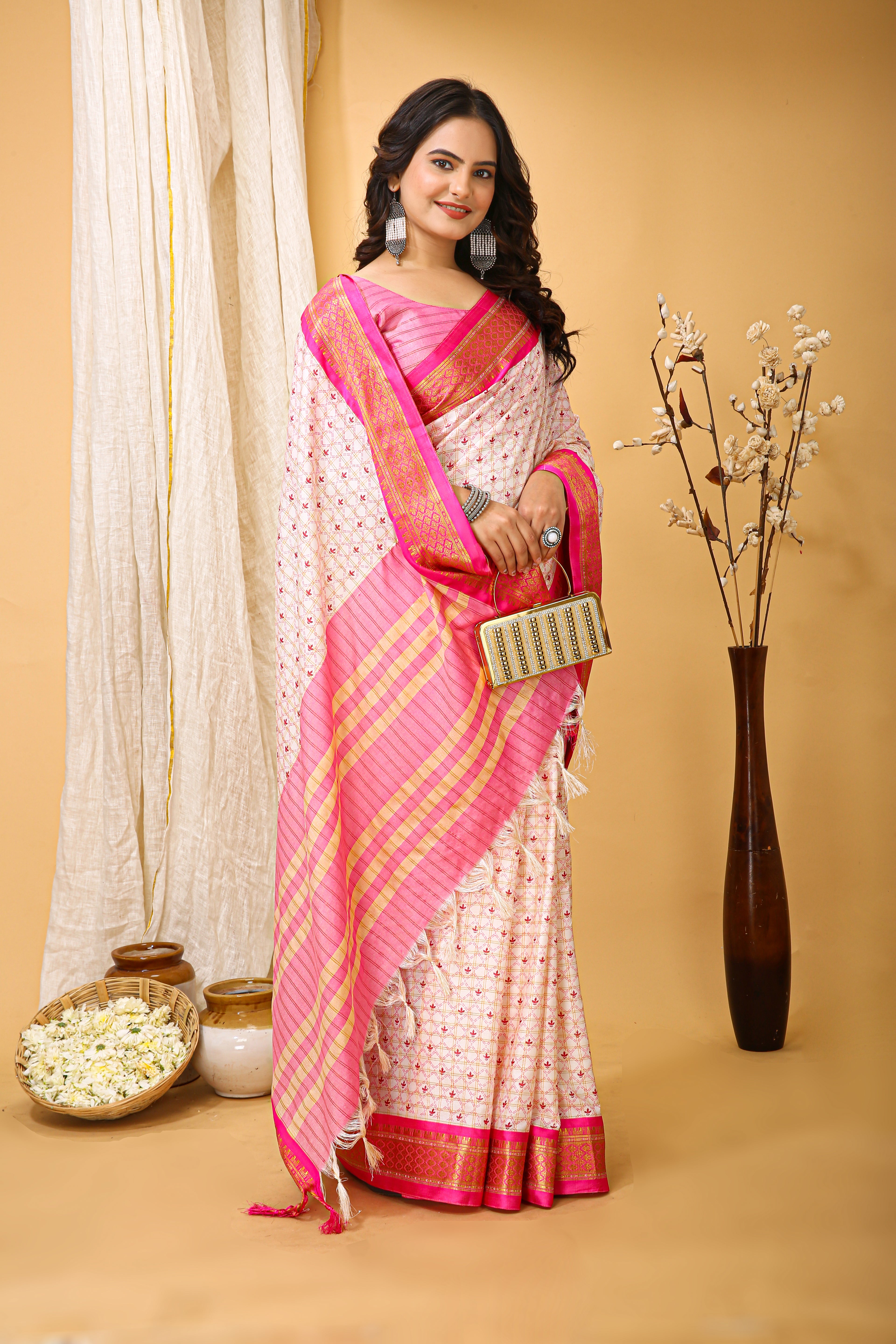 SOFT COTTON SILK CHECKS PRINTED PINK BODERED SAREE WITH PURE ZARI WORK & BEAUTIFUL JECARD BORDER UNSTICHED BLOUSE