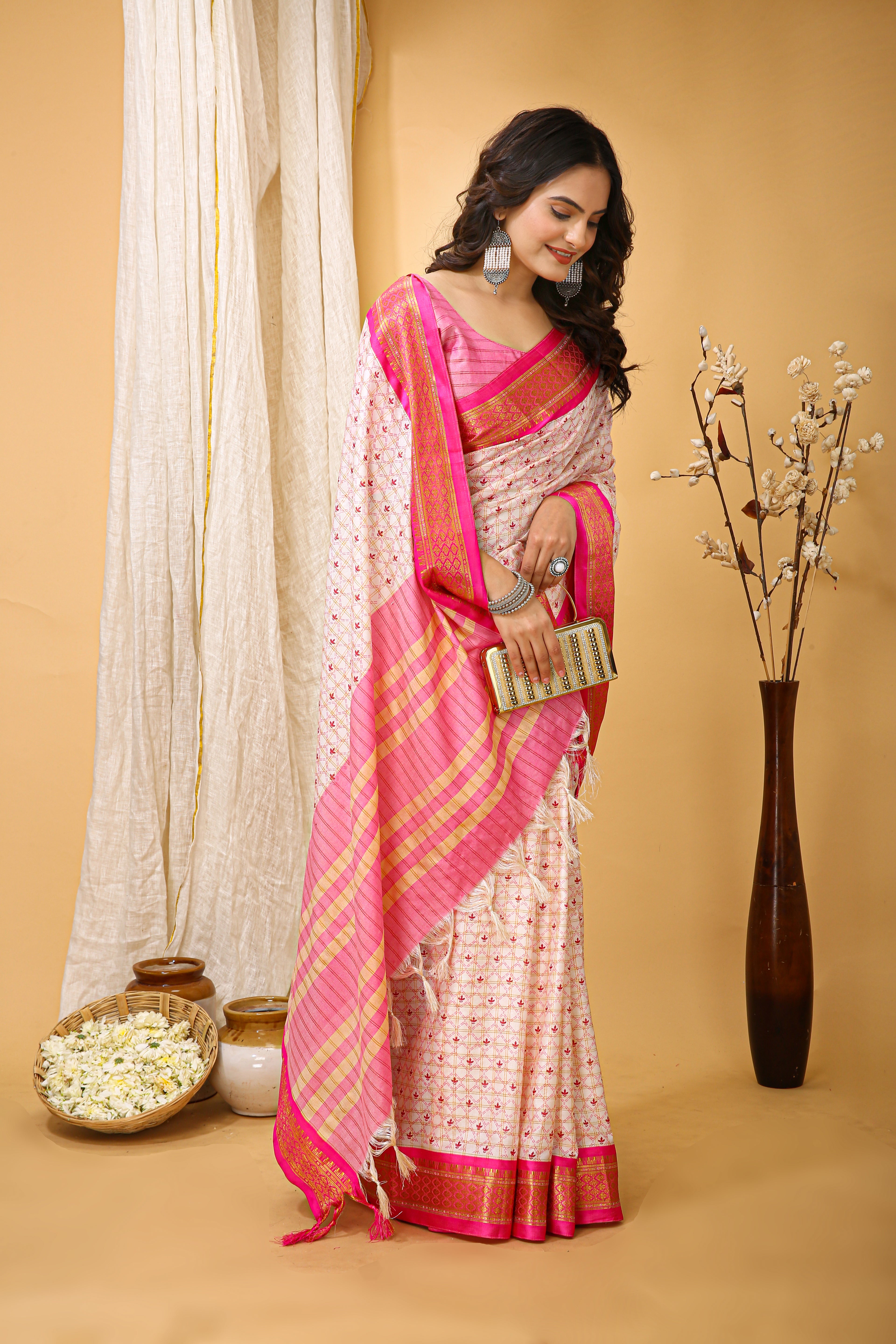 SOFT COTTON SILK CHECKS PRINTED PINK BODERED SAREE WITH PURE ZARI WORK & BEAUTIFUL JECARD BORDER UNSTICHED BLOUSE