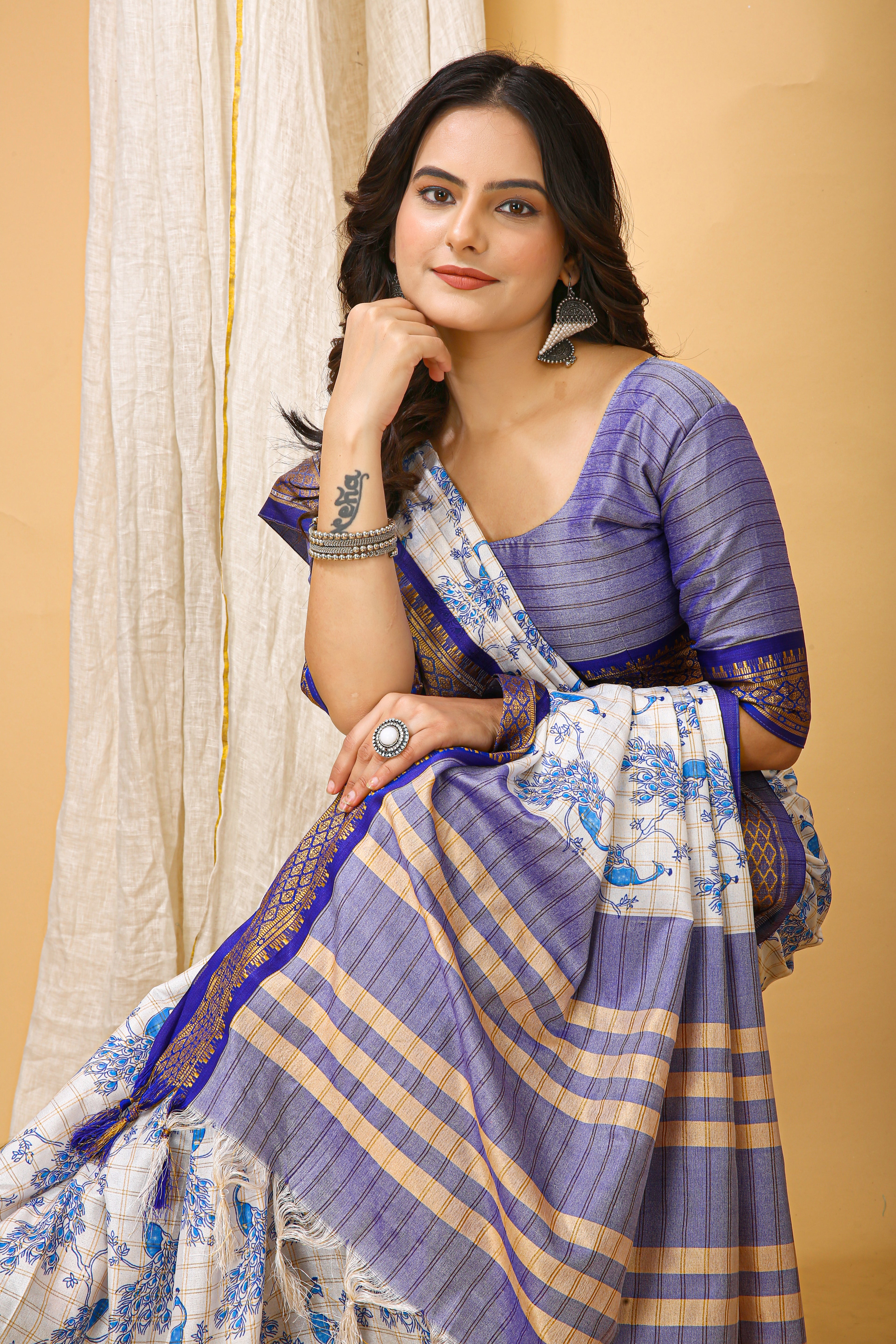 SOFT COTTON SILK PRINTED DARK PURPLE BODERED SAREE WITH PURE ZARI WORK & BEAUTIFUL JECARD BORDER UNSTICHED BLOUSE