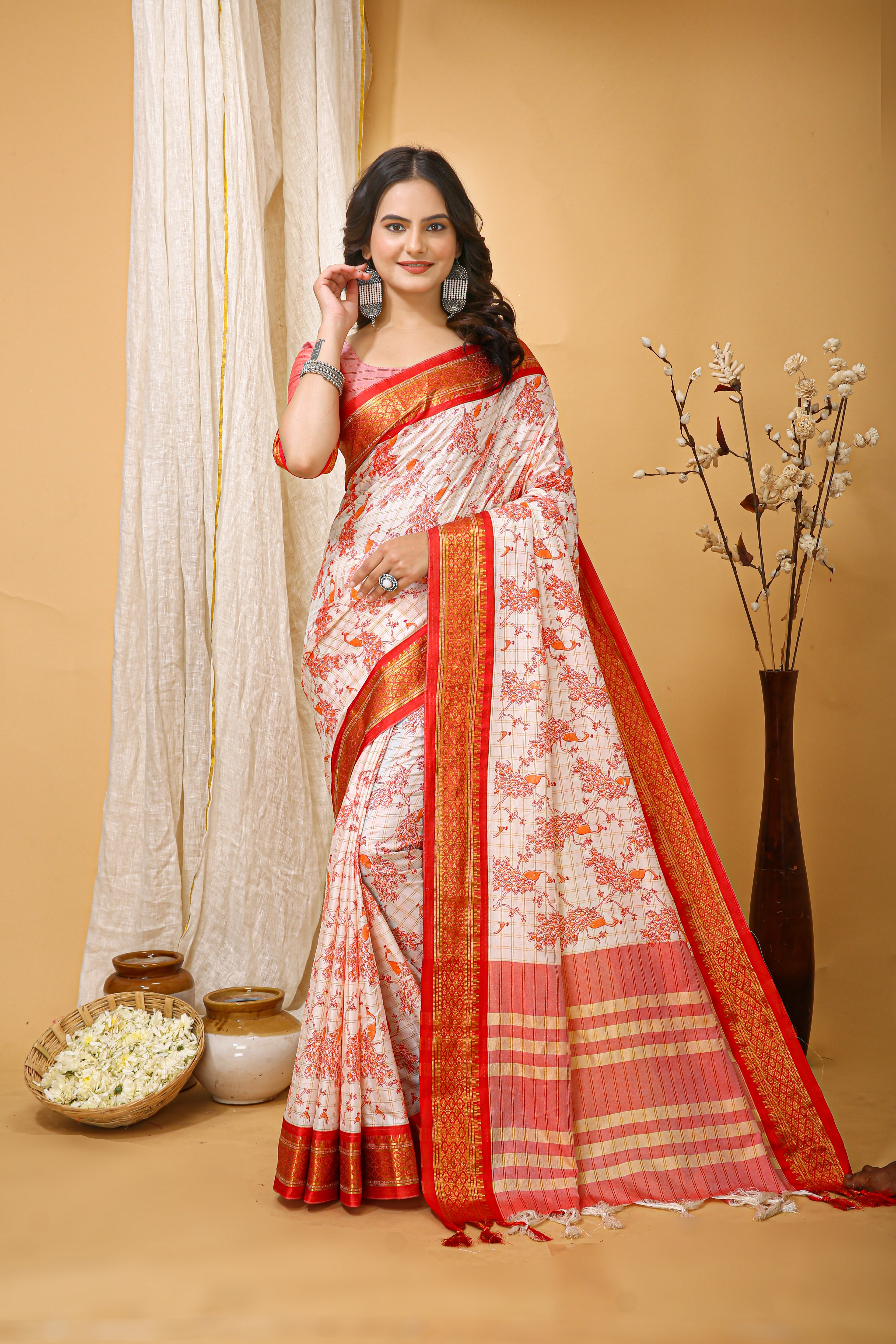 SOFT COTTON SILK PRINTED RED BODERED SAREE WITH PURE ZARI WORK & BEAUTIFUL JECARD BORDER UNSTICHED BLOUSE