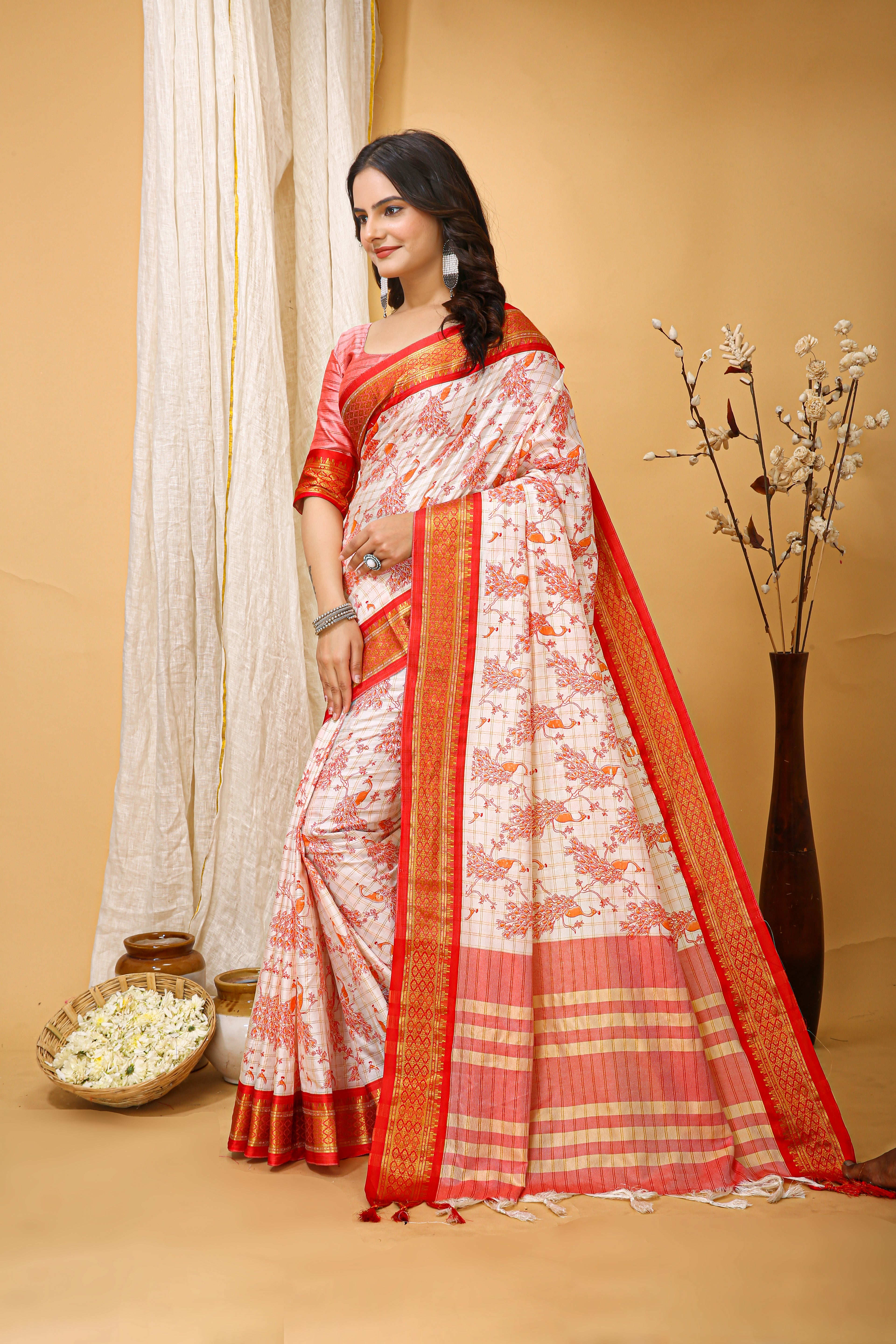 SOFT COTTON SILK PRINTED RED BODERED SAREE WITH PURE ZARI WORK & BEAUTIFUL JECARD BORDER UNSTICHED BLOUSE