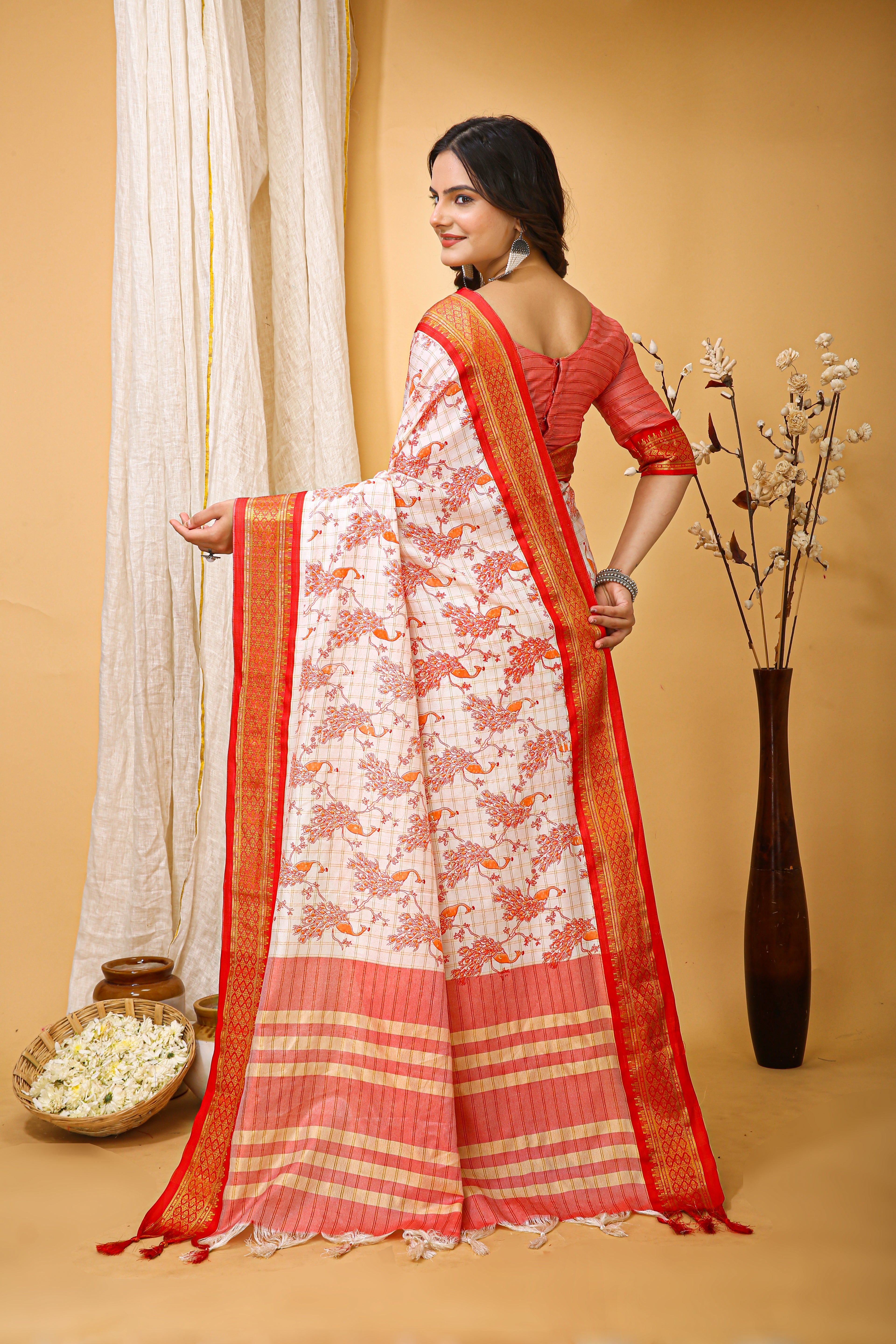 SOFT COTTON SILK PRINTED RED BODERED SAREE WITH PURE ZARI WORK & BEAUTIFUL JECARD BORDER UNSTICHED BLOUSE