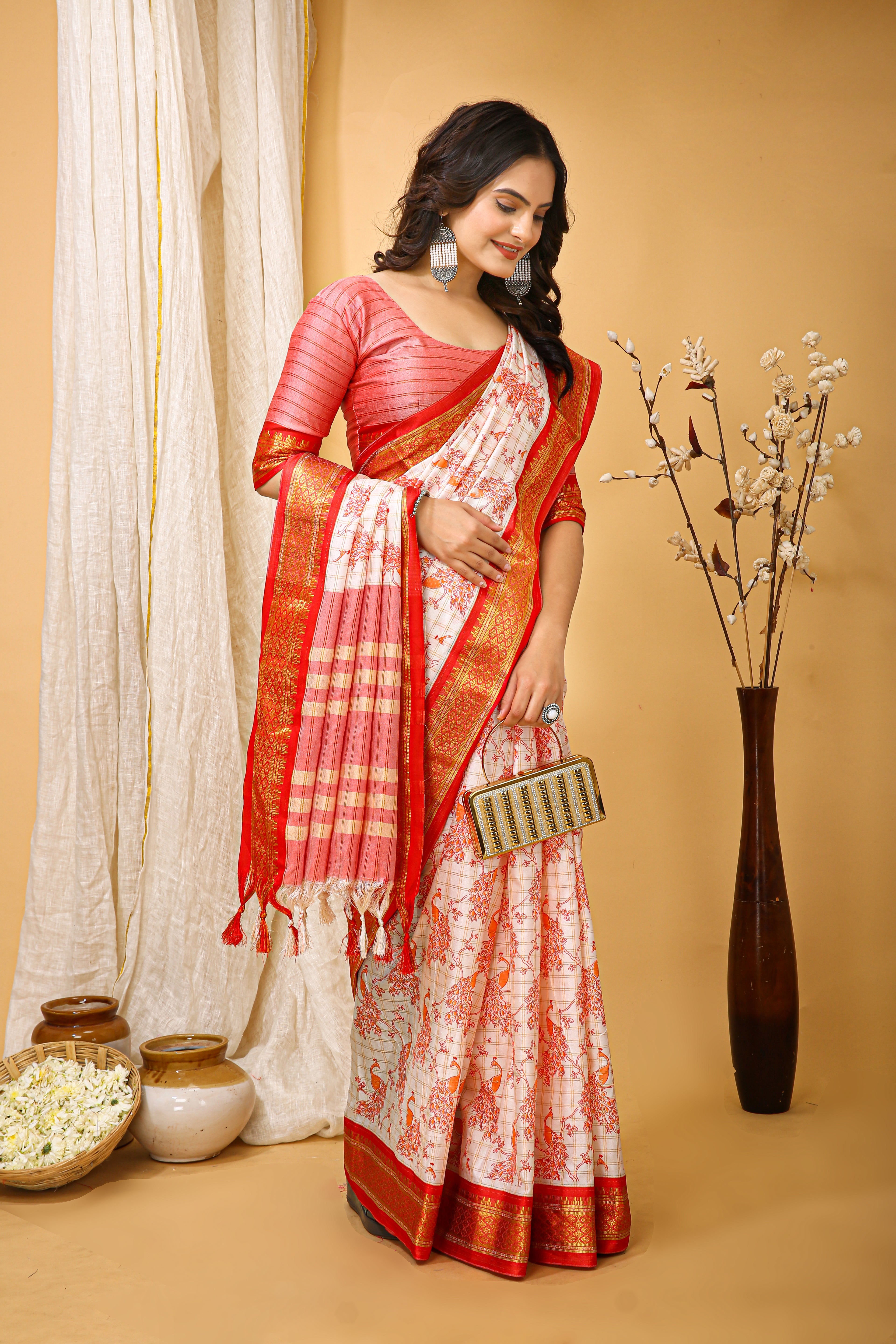 SOFT COTTON SILK PRINTED RED BODERED SAREE WITH PURE ZARI WORK & BEAUTIFUL JECARD BORDER UNSTICHED BLOUSE