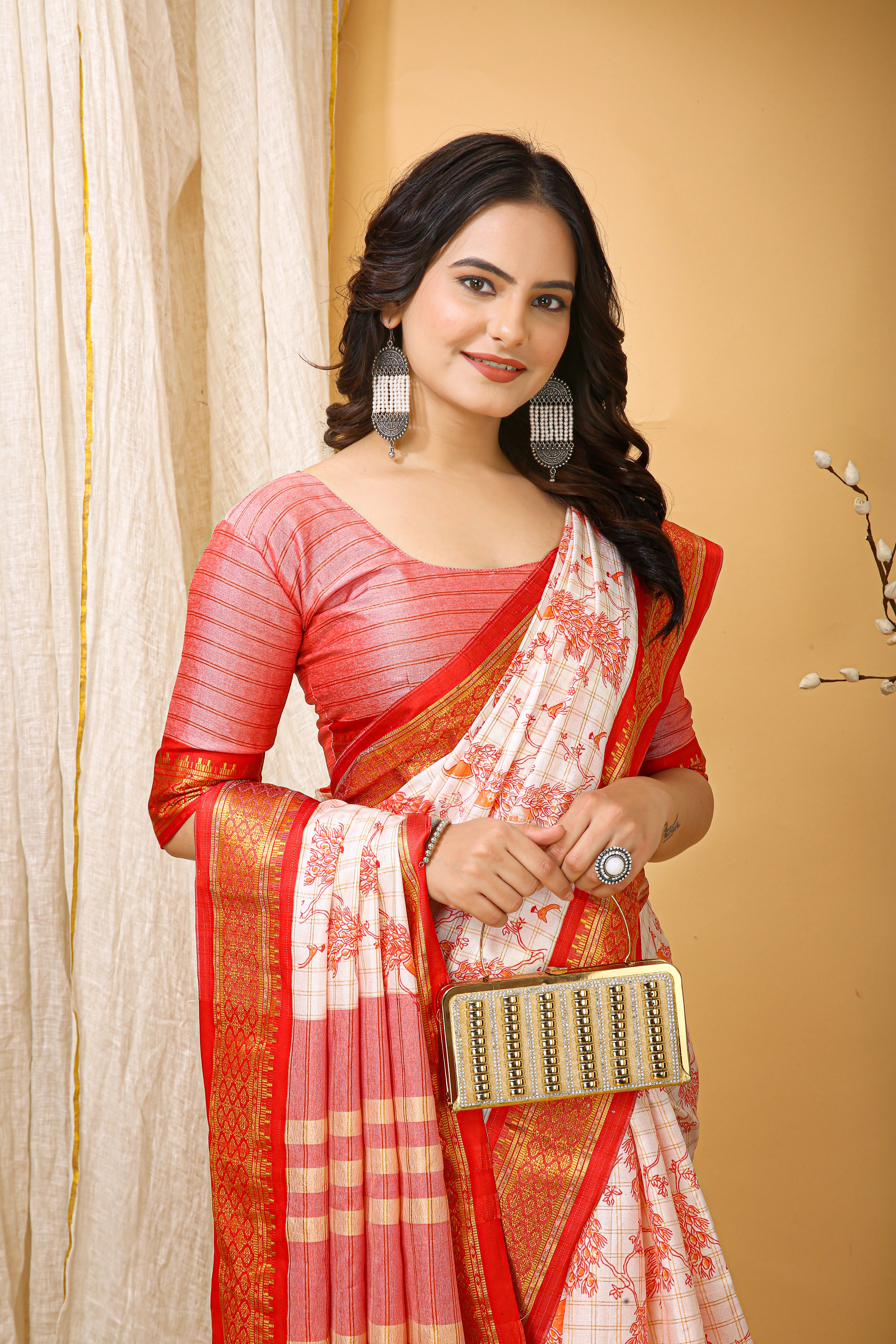 SOFT COTTON SILK PRINTED RED BODERED SAREE WITH PURE ZARI WORK & BEAUTIFUL JECARD BORDER UNSTICHED BLOUSE