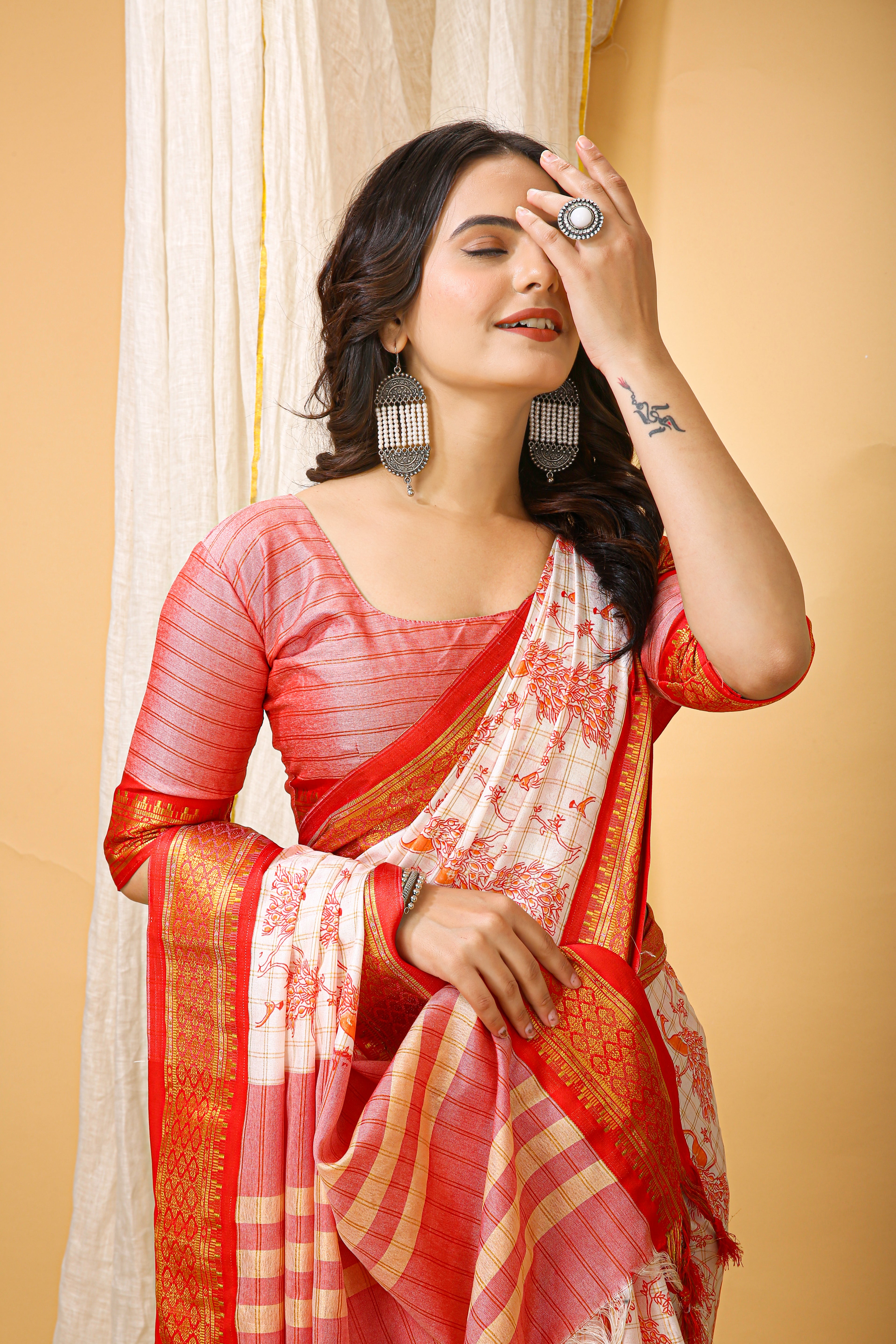 SOFT COTTON SILK PRINTED RED BODERED SAREE WITH PURE ZARI WORK & BEAUTIFUL JECARD BORDER UNSTICHED BLOUSE