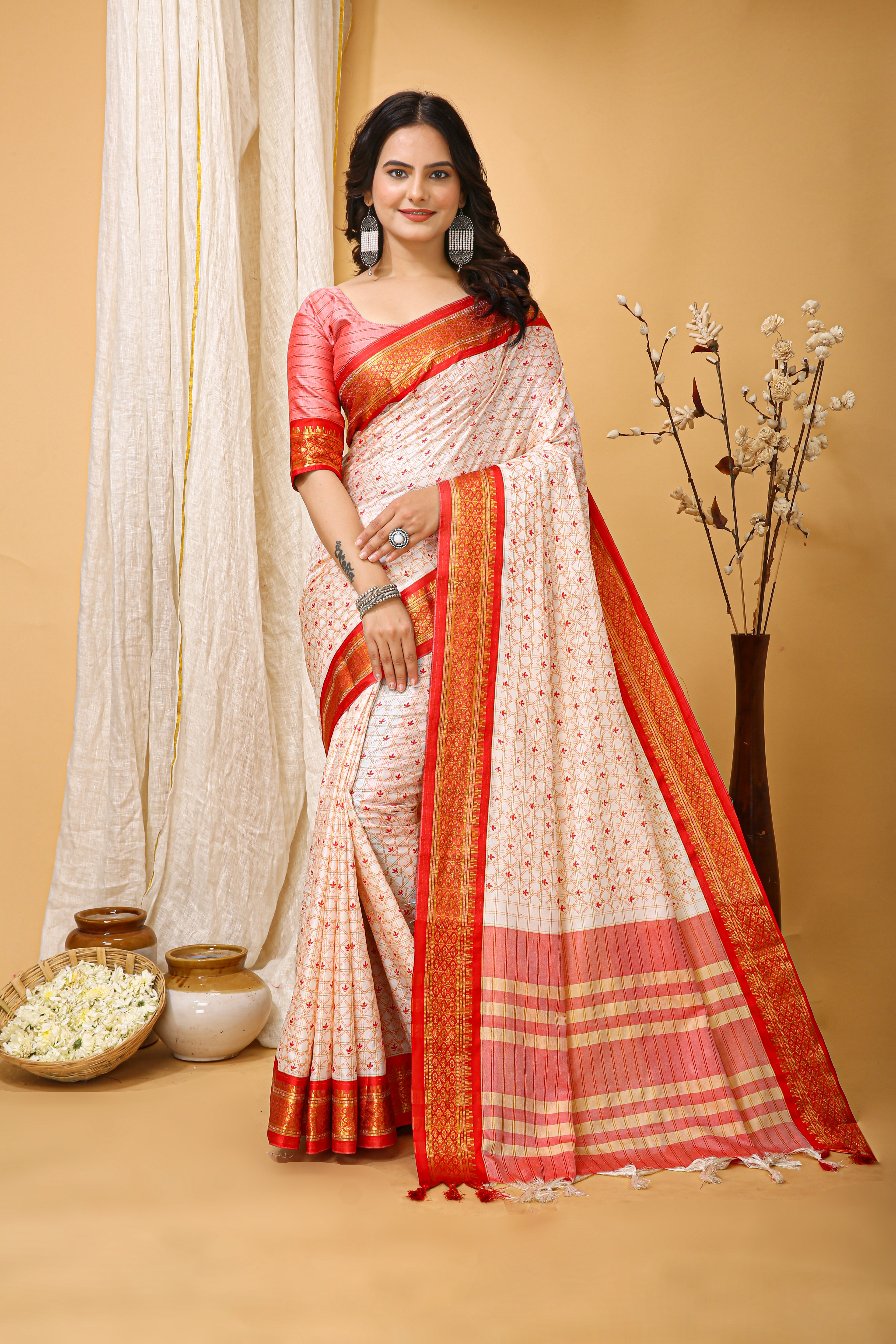 SOFT COTTON SILK CHECKS PRINTED RED BODERED SAREE WITH PURE ZARI WORK & BEAUTIFUL JECARD BORDER UNSTICHED BLOUSE