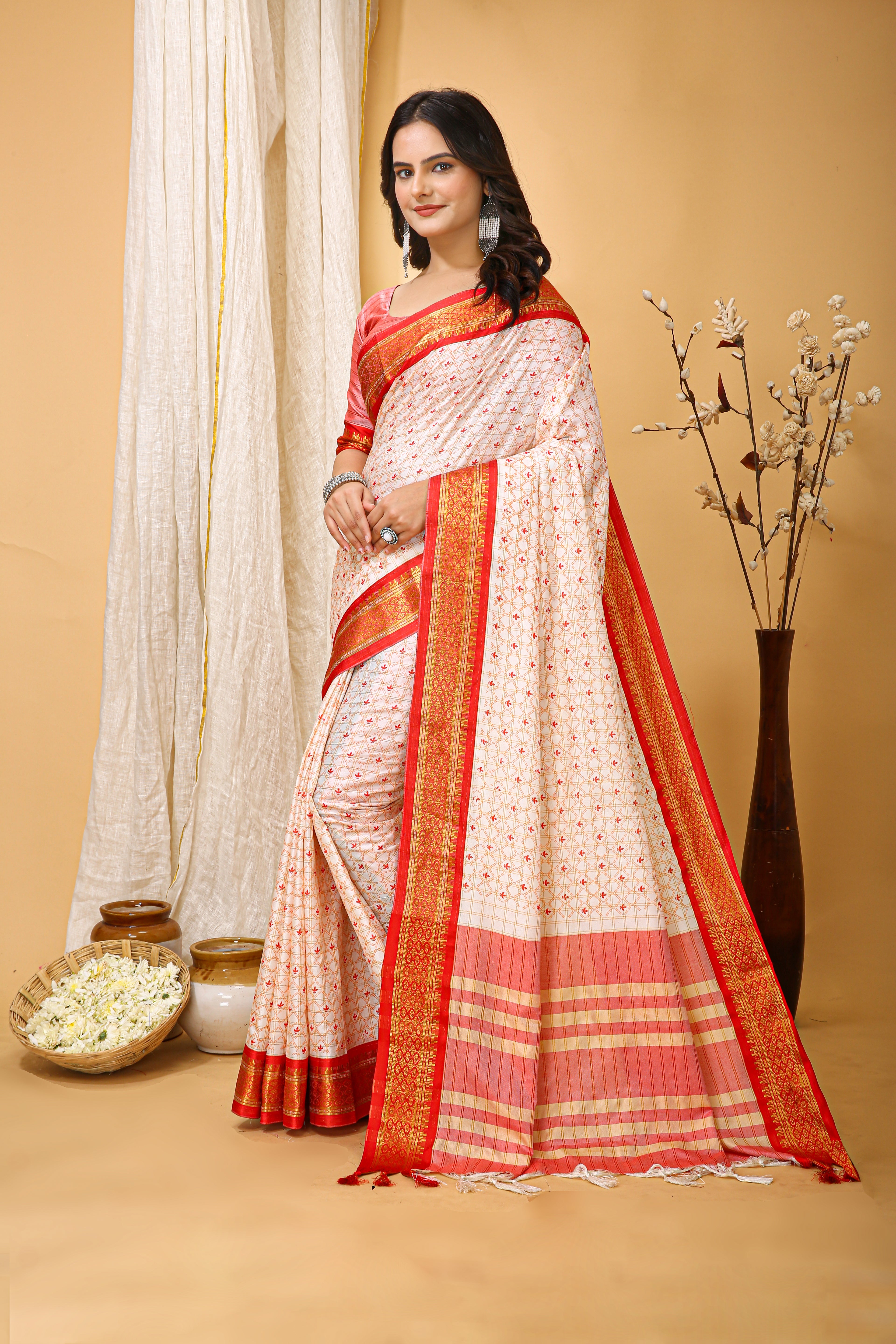 SOFT COTTON SILK CHECKS PRINTED RED BODERED SAREE WITH PURE ZARI WORK & BEAUTIFUL JECARD BORDER UNSTICHED BLOUSE