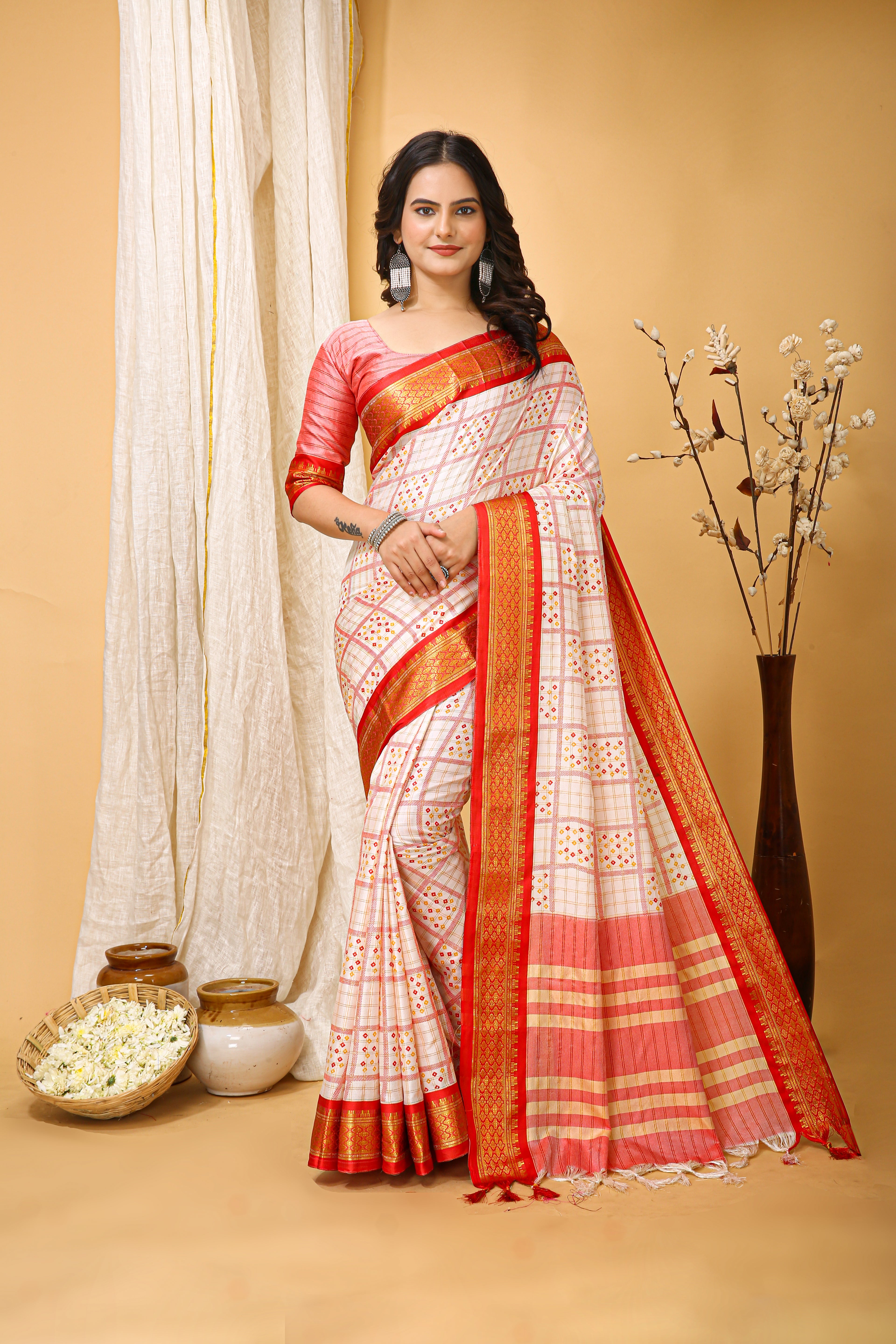 SOFT COTTON SILK BANDHEJ PRINTED RED BODERED SAREE WITH PURE ZARI WORK & BEAUTIFUL JECARD BORDER UNSTICHED BLOUSE