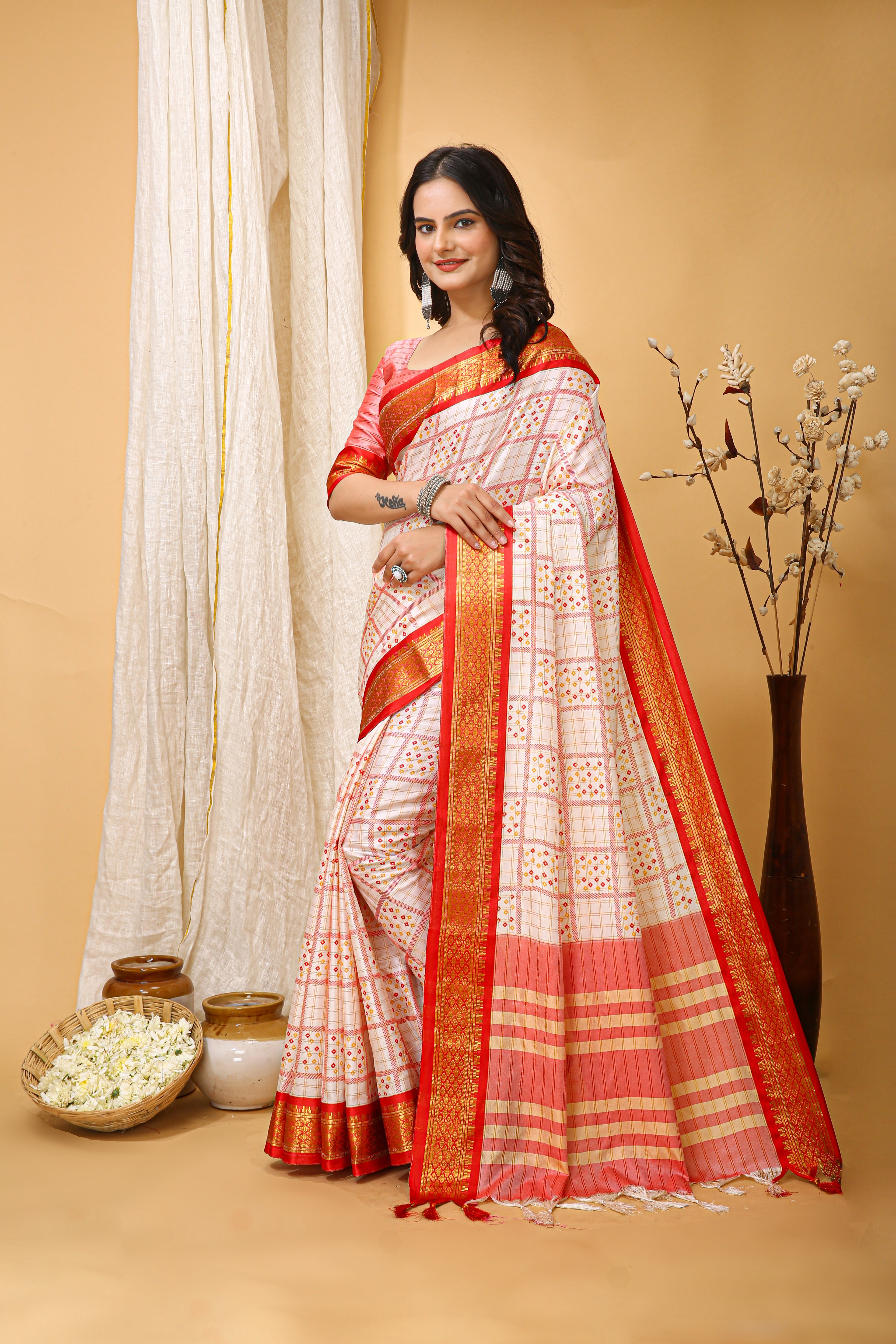 SOFT COTTON SILK BANDHEJ PRINTED RED BODERED SAREE WITH PURE ZARI WORK & BEAUTIFUL JECARD BORDER UNSTICHED BLOUSE