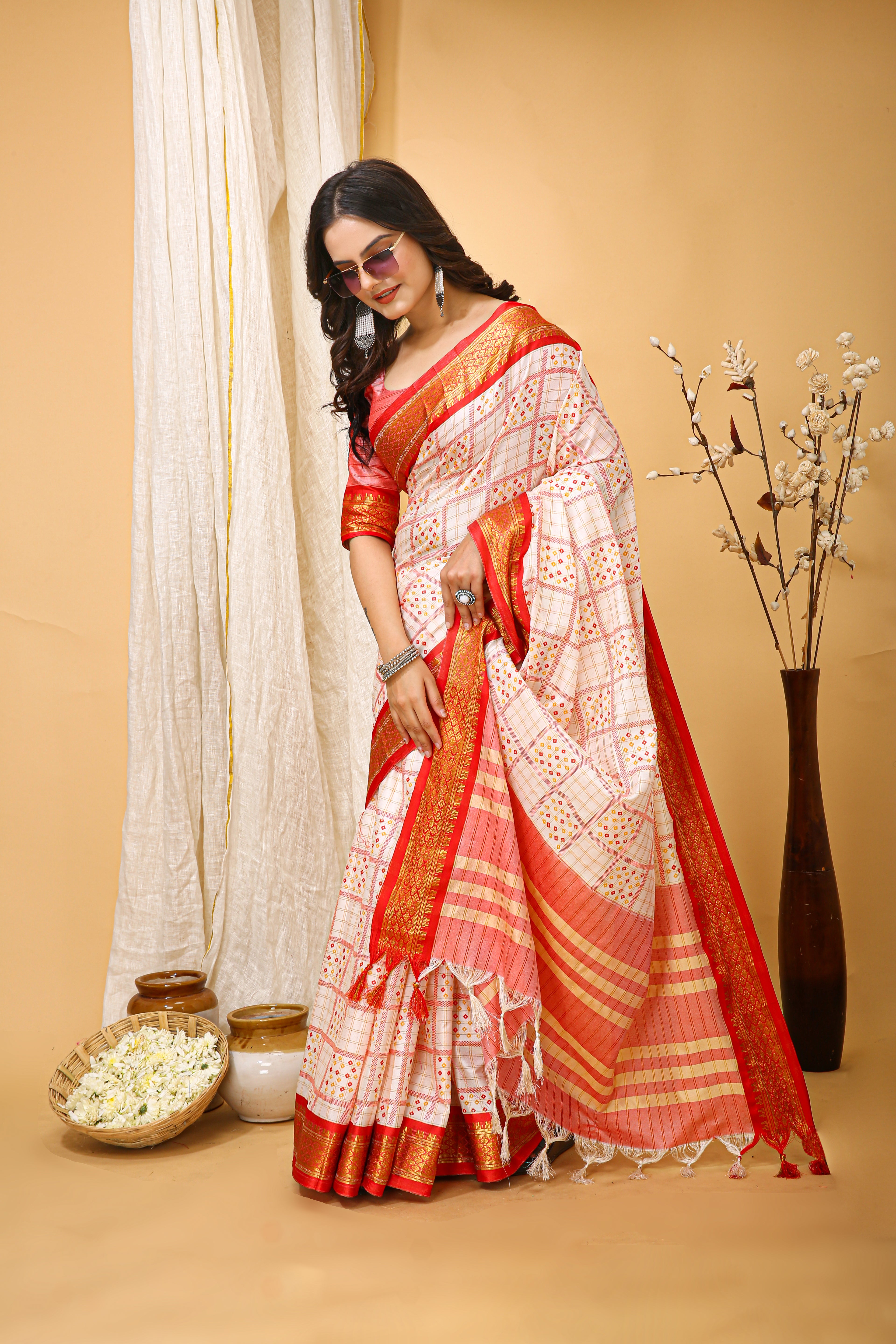 SOFT COTTON SILK BANDHEJ PRINTED RED BODERED SAREE WITH PURE ZARI WORK & BEAUTIFUL JECARD BORDER UNSTICHED BLOUSE