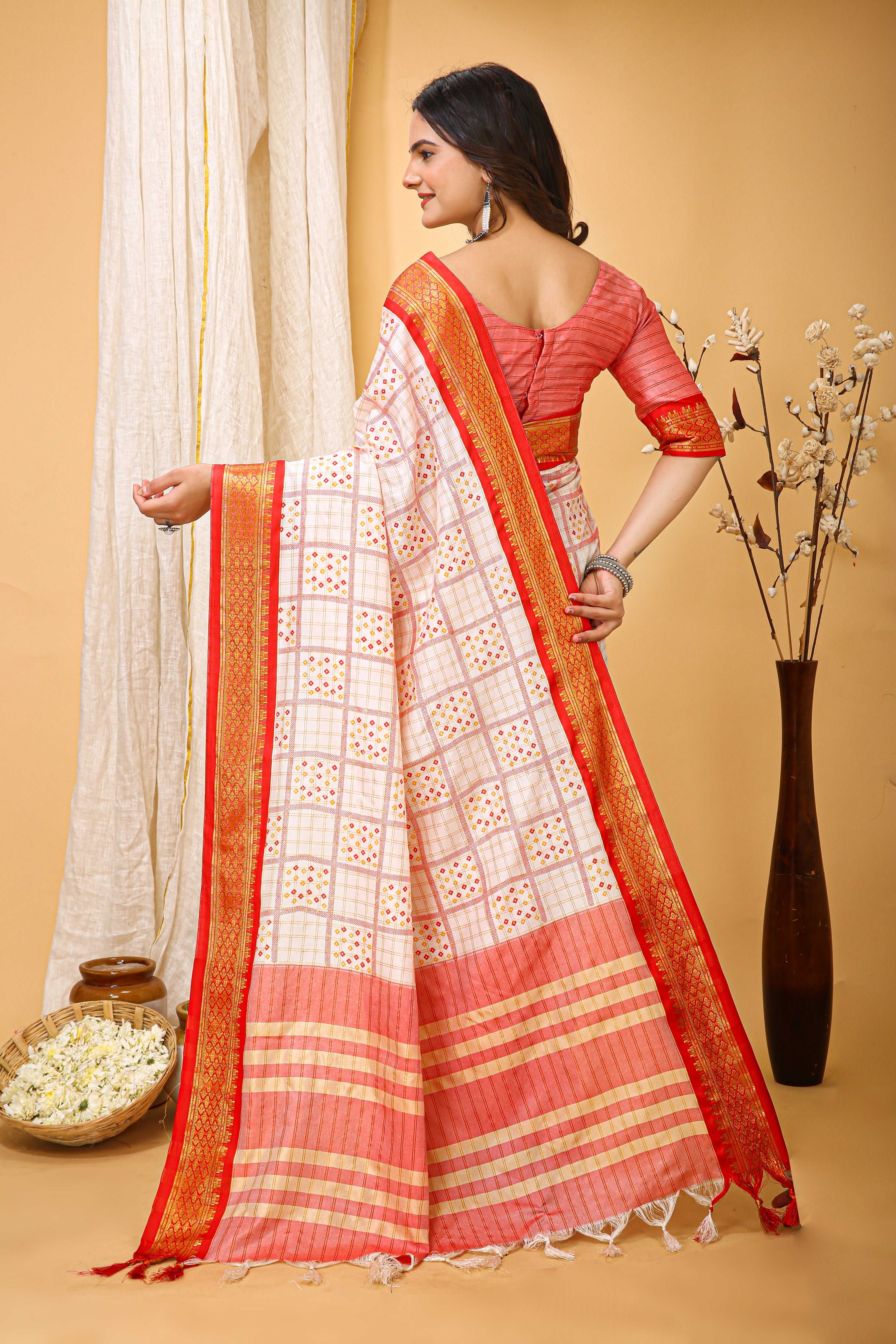 SOFT COTTON SILK BANDHEJ PRINTED RED BODERED SAREE WITH PURE ZARI WORK & BEAUTIFUL JECARD BORDER UNSTICHED BLOUSE