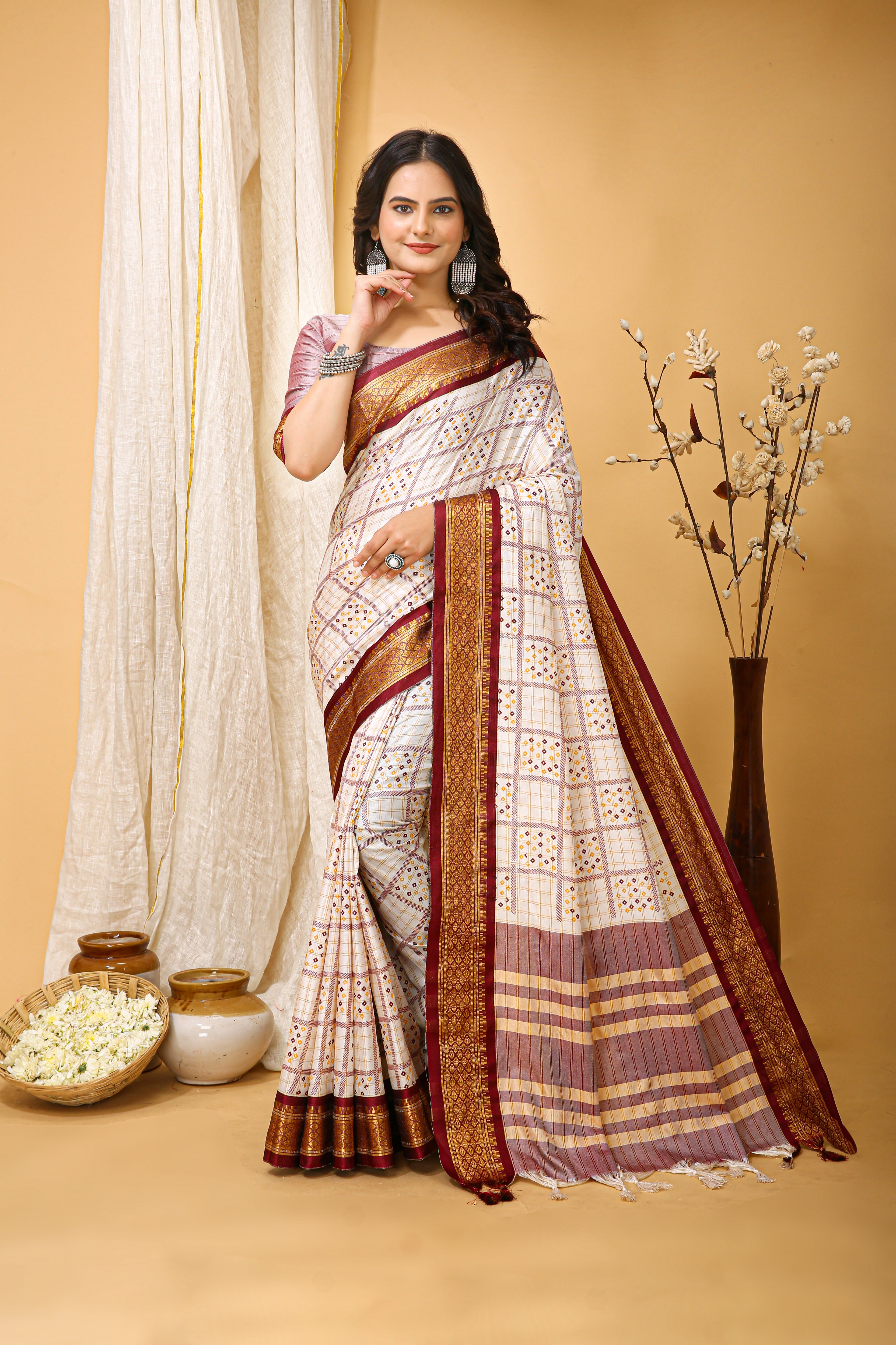 SOFT COTTON SILK BANDHEJ PRINTED BROWN BODERED SAREE WITH PURE ZARI WORK & BEAUTIFUL JECARD BORDER UNSTICHED BLOUSE