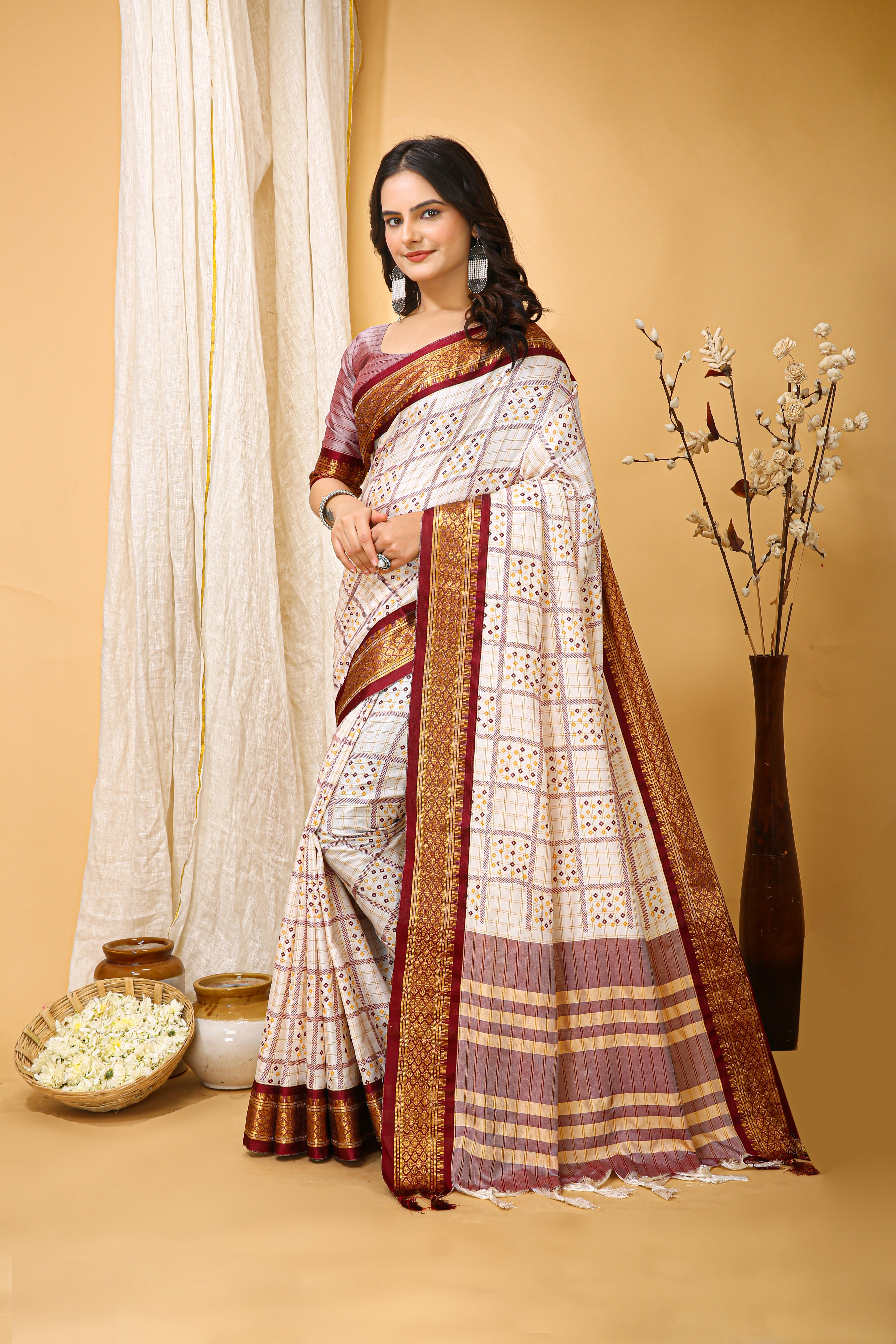 SOFT COTTON SILK BANDHEJ PRINTED BROWN BODERED SAREE WITH PURE ZARI WORK & BEAUTIFUL JECARD BORDER UNSTICHED BLOUSE