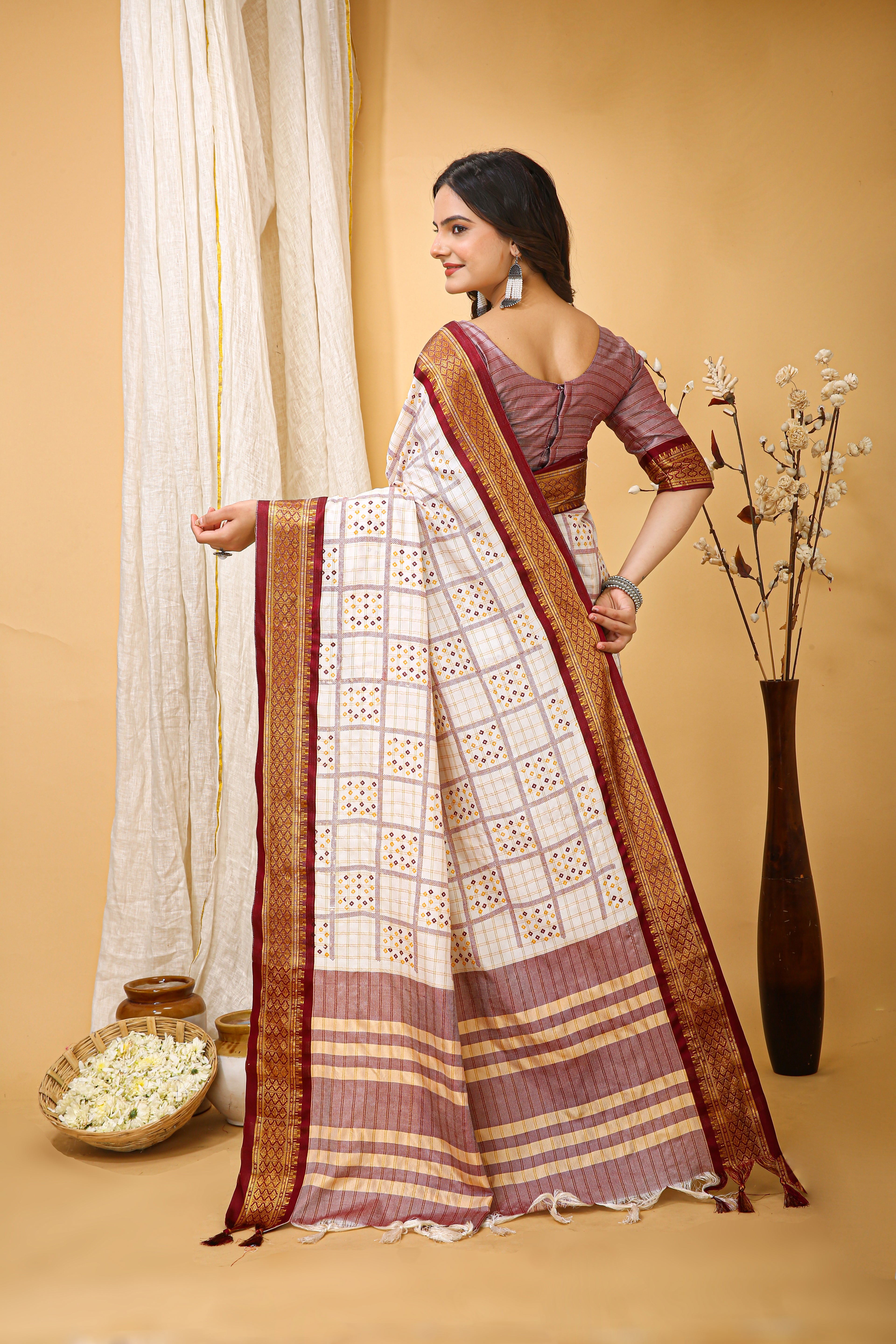 SOFT COTTON SILK BANDHEJ PRINTED BROWN BODERED SAREE WITH PURE ZARI WORK & BEAUTIFUL JECARD BORDER UNSTICHED BLOUSE