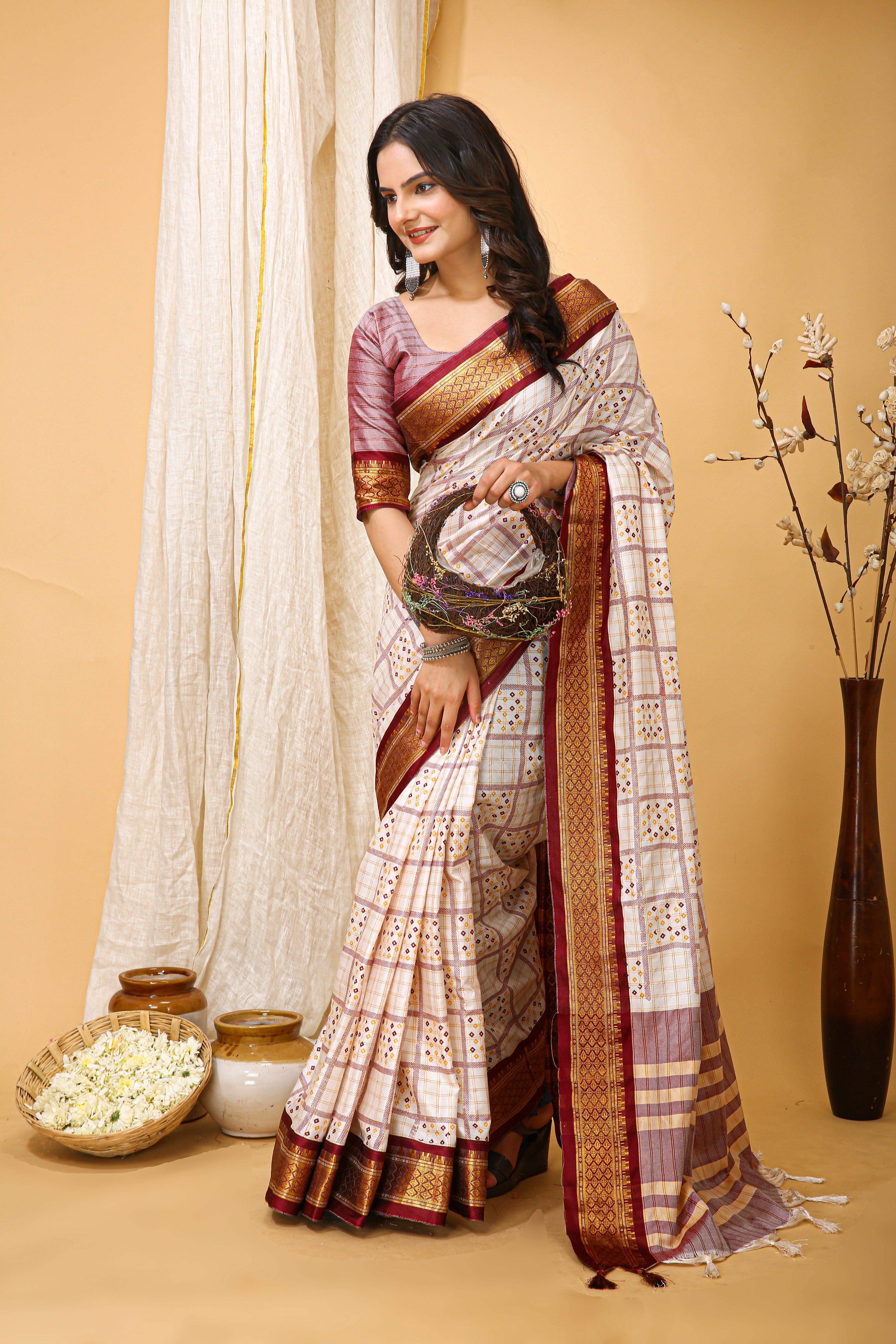 SOFT COTTON SILK BANDHEJ PRINTED BROWN BODERED SAREE WITH PURE ZARI WORK & BEAUTIFUL JECARD BORDER UNSTICHED BLOUSE