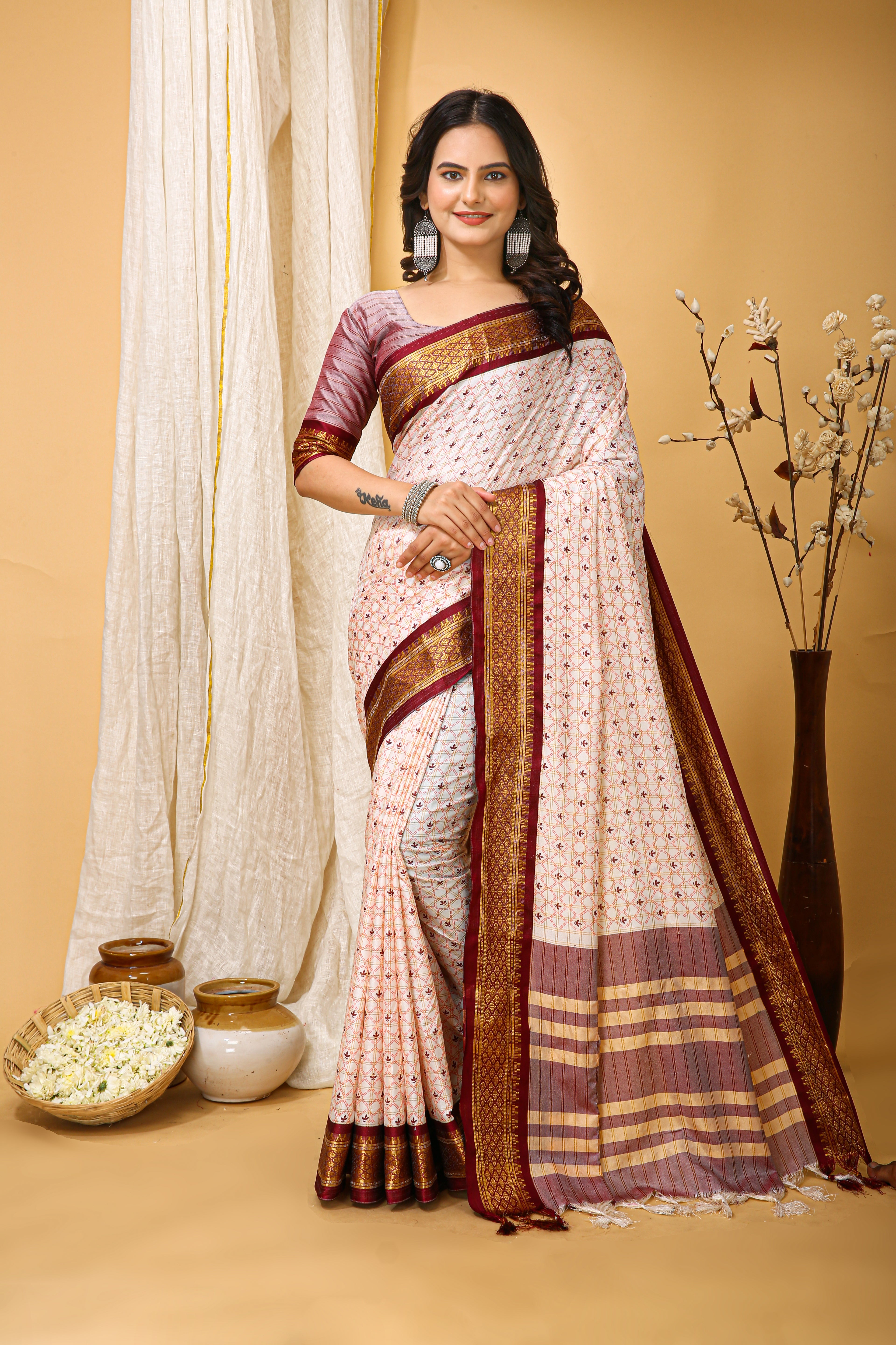 SOFT COTTON SILK CHECKS PRINTED BROWN BODERED SAREE WITH PURE ZARI WORK & BEAUTIFUL JECARD BORDER UNSTICHED BLOUSE