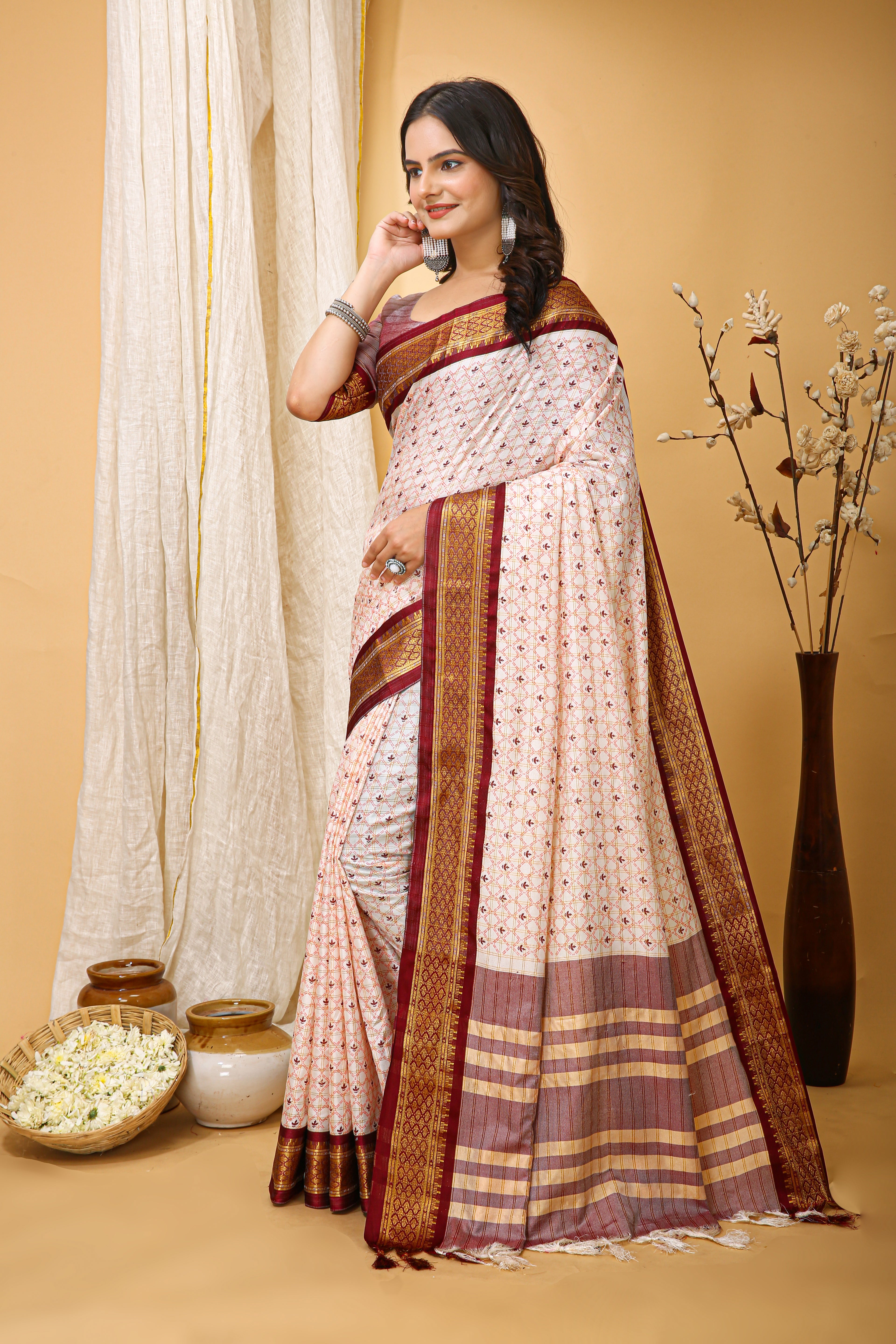 SOFT COTTON SILK CHECKS PRINTED BROWN BODERED SAREE WITH PURE ZARI WORK & BEAUTIFUL JECARD BORDER UNSTICHED BLOUSE