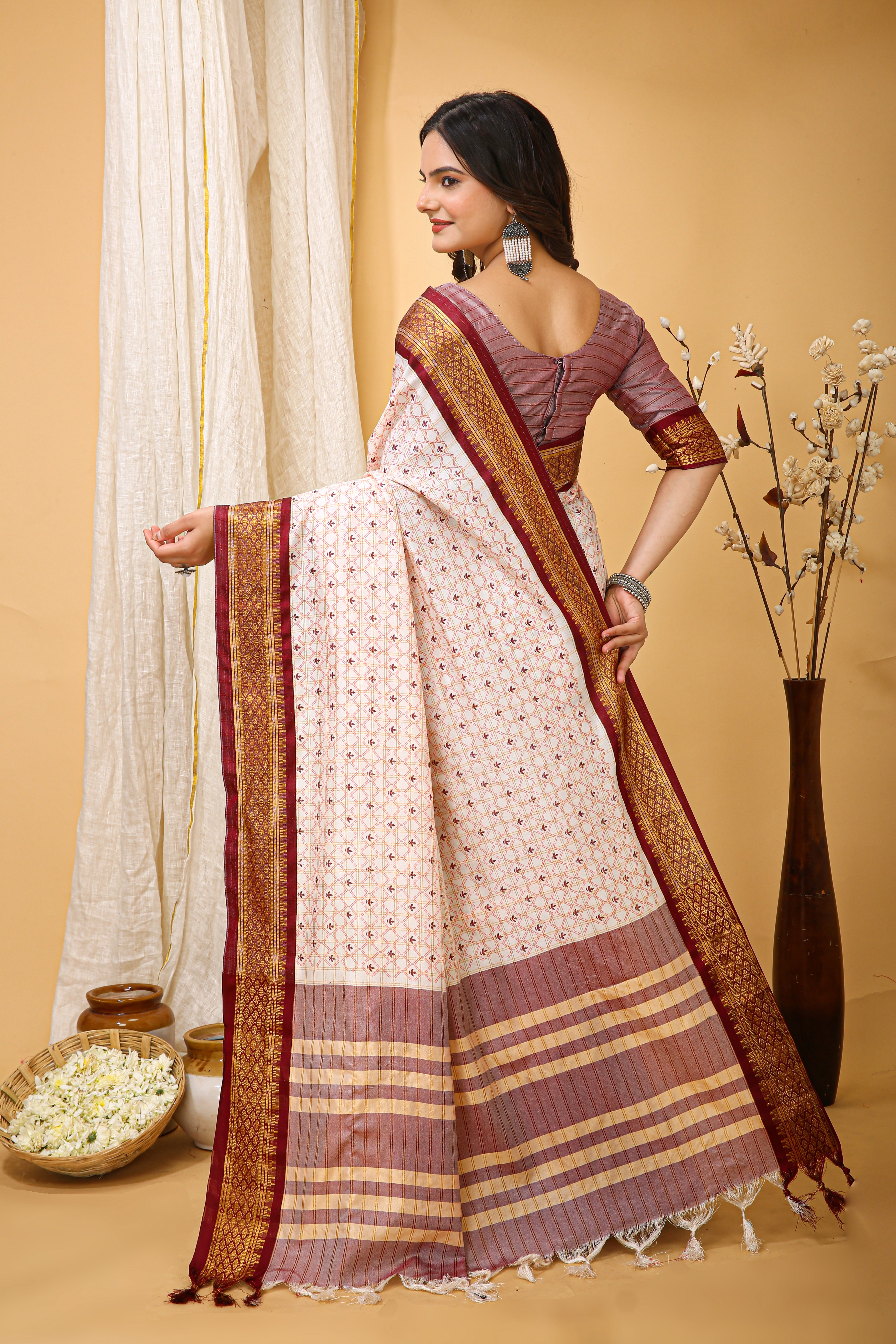 SOFT COTTON SILK CHECKS PRINTED BROWN BODERED SAREE WITH PURE ZARI WORK & BEAUTIFUL JECARD BORDER UNSTICHED BLOUSE