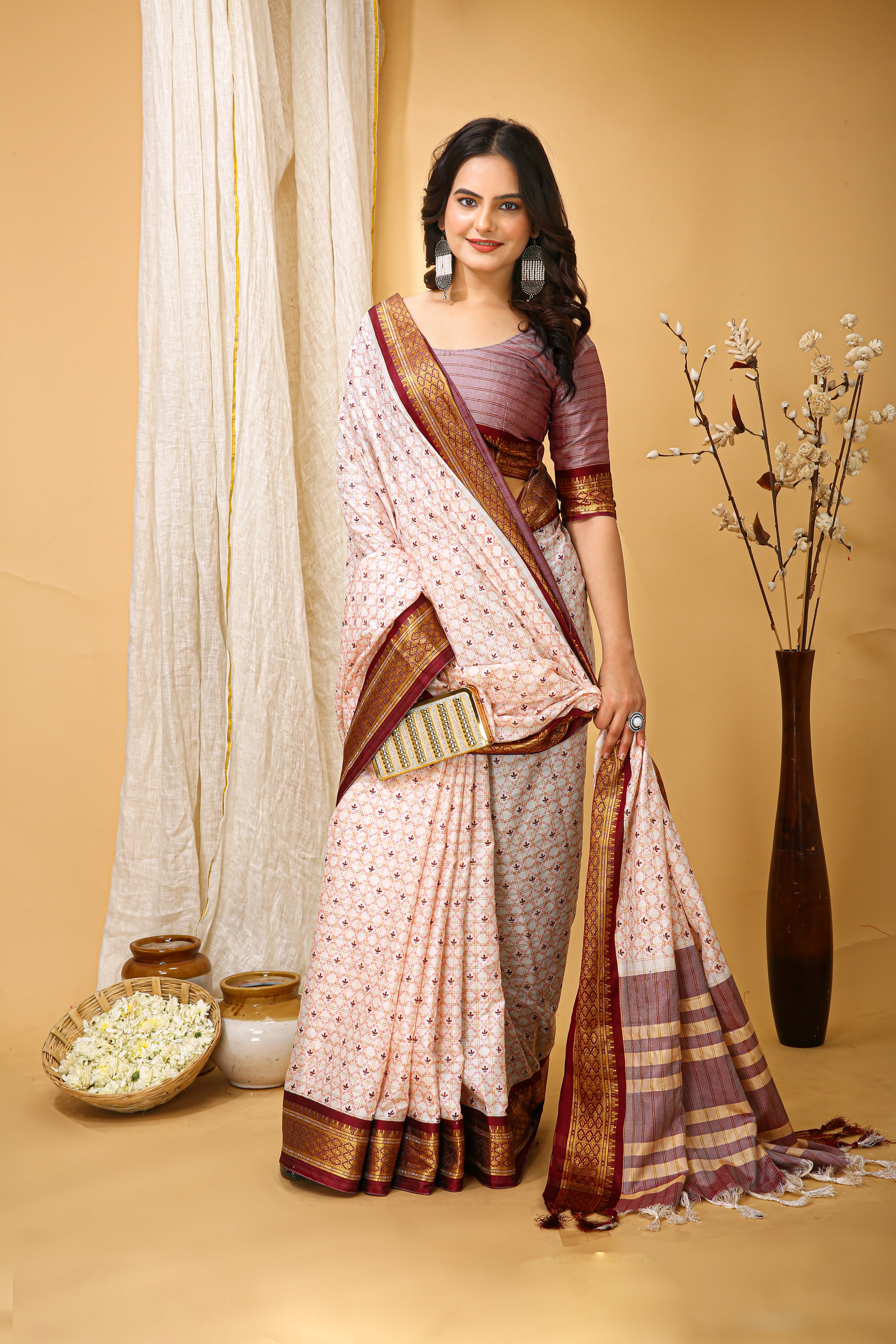 SOFT COTTON SILK CHECKS PRINTED BROWN BODERED SAREE WITH PURE ZARI WORK & BEAUTIFUL JECARD BORDER UNSTICHED BLOUSE