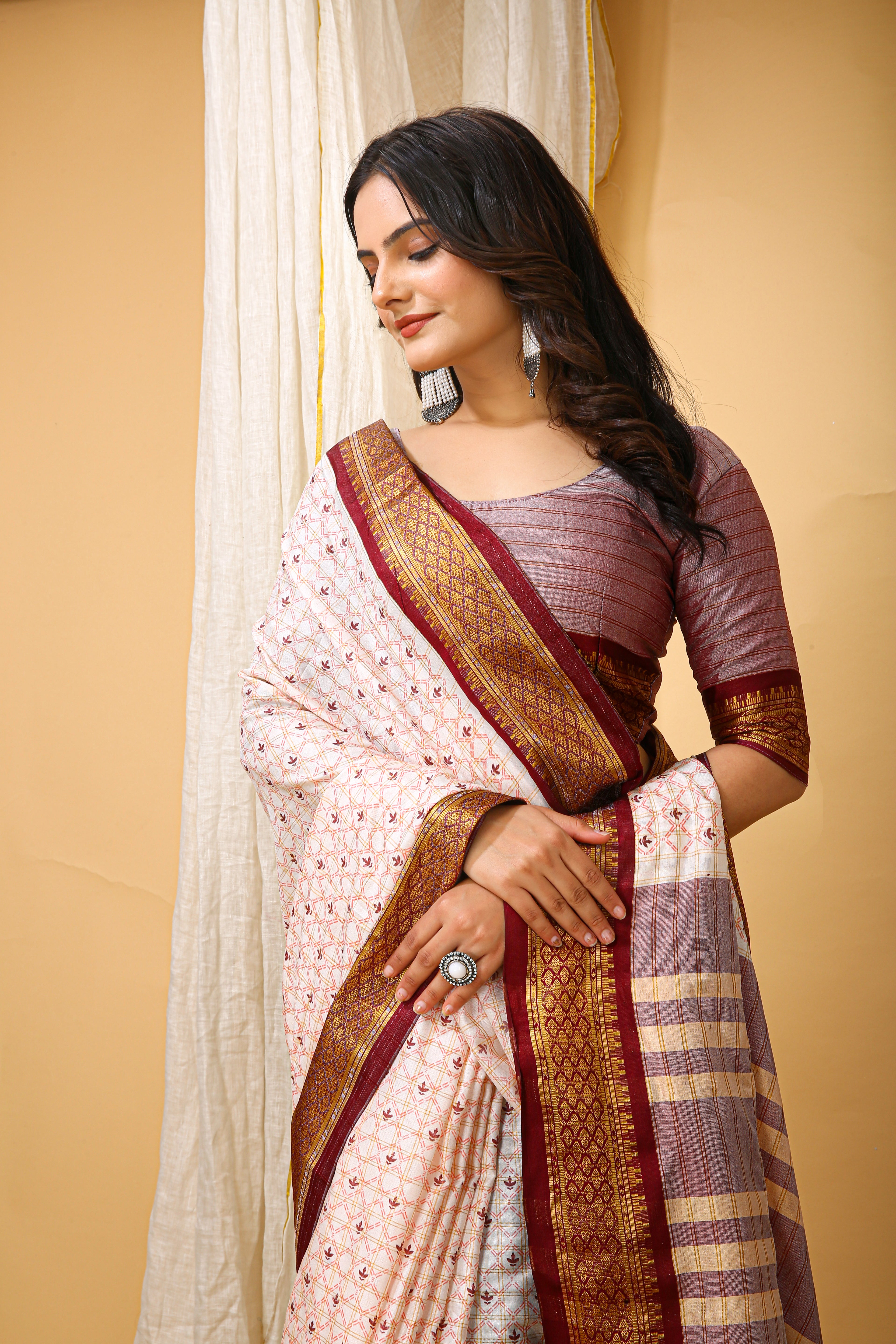 SOFT COTTON SILK CHECKS PRINTED BROWN BODERED SAREE WITH PURE ZARI WORK & BEAUTIFUL JECARD BORDER UNSTICHED BLOUSE