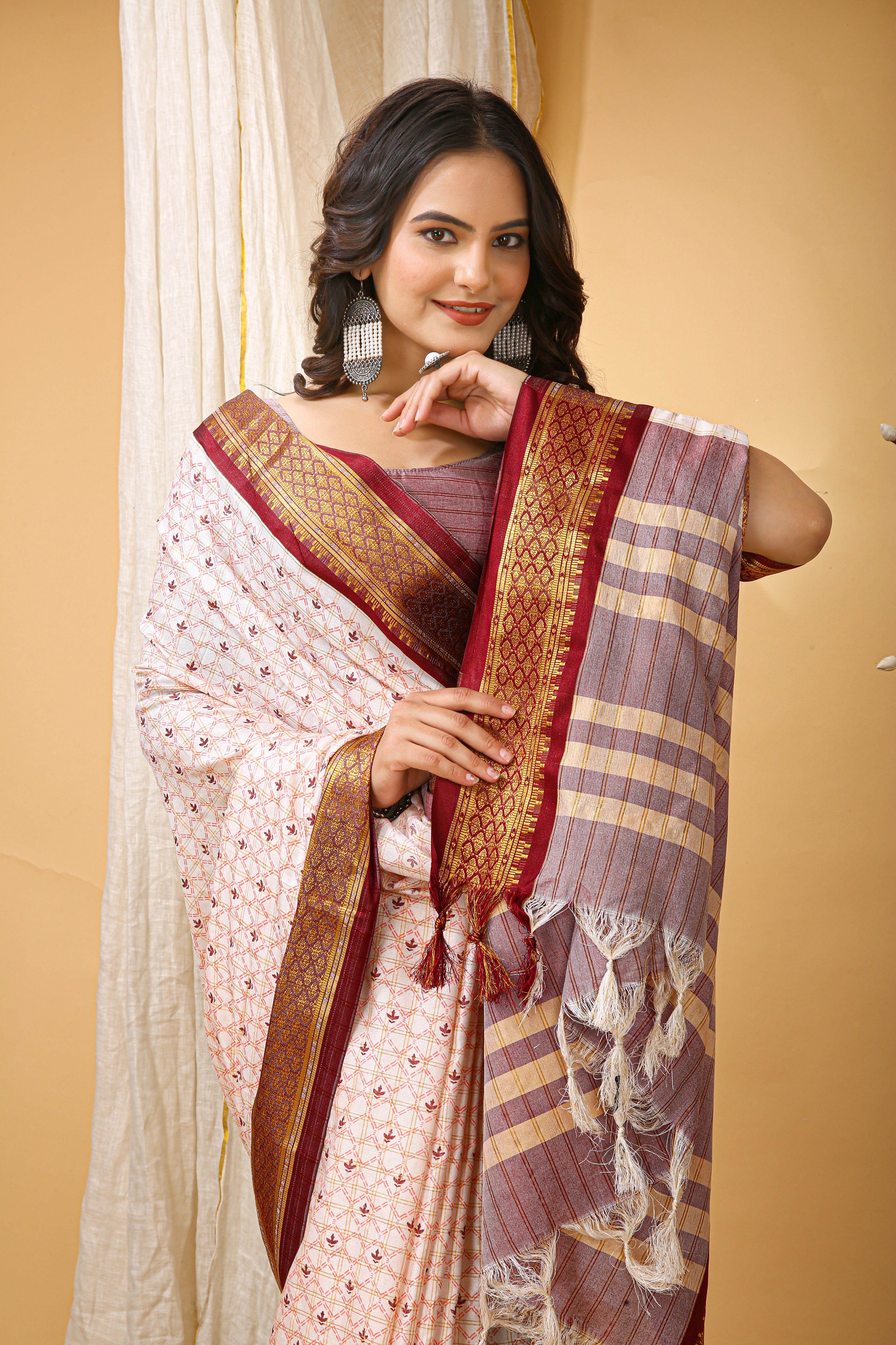 SOFT COTTON SILK CHECKS PRINTED BROWN BODERED SAREE WITH PURE ZARI WORK & BEAUTIFUL JECARD BORDER UNSTICHED BLOUSE