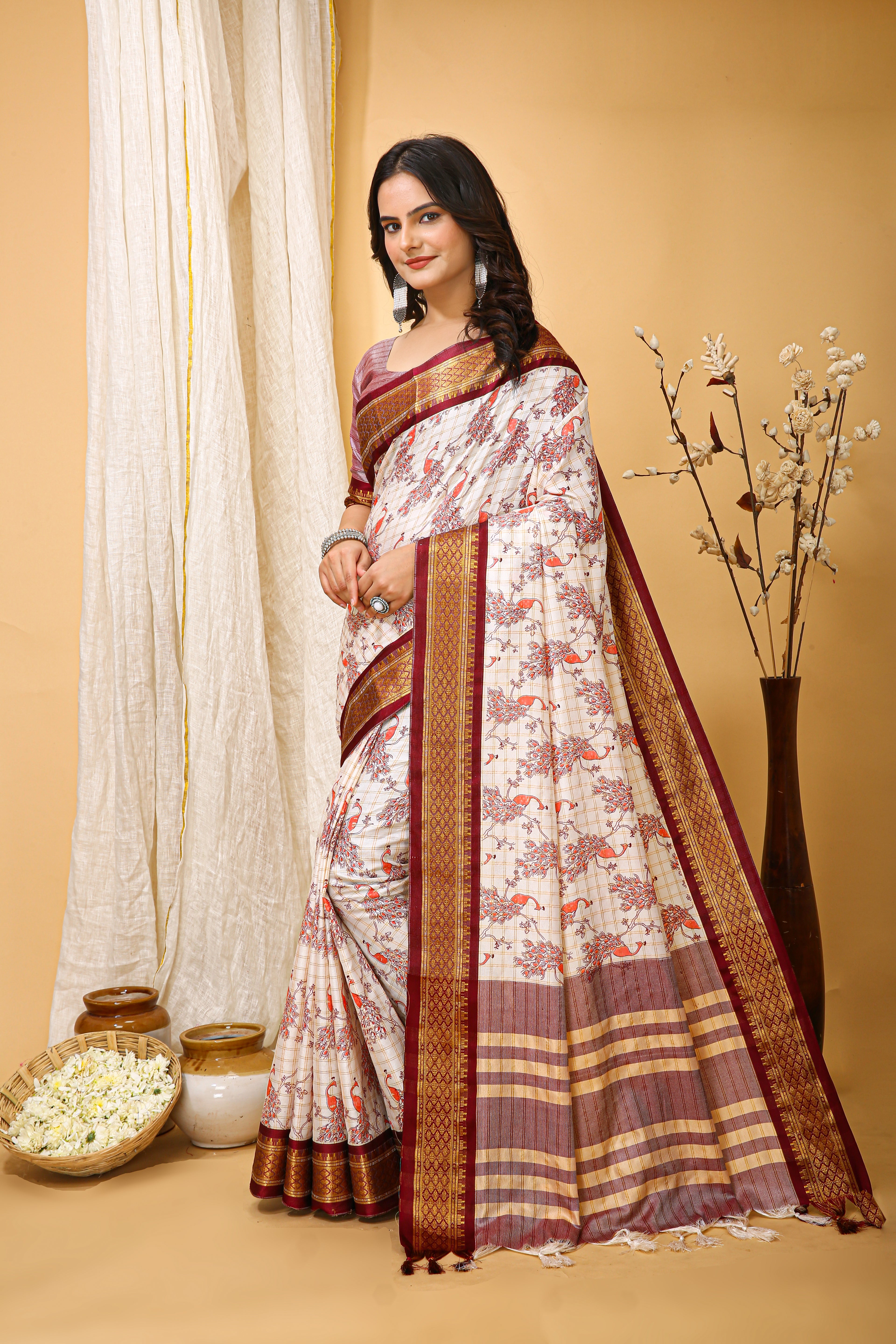 SOFT COTTON SILK PRINTED BROWN BODERED SAREE WITH PURE ZARI WORK & BEAUTIFUL JECARD BORDER UNSTICHED BLOUSE