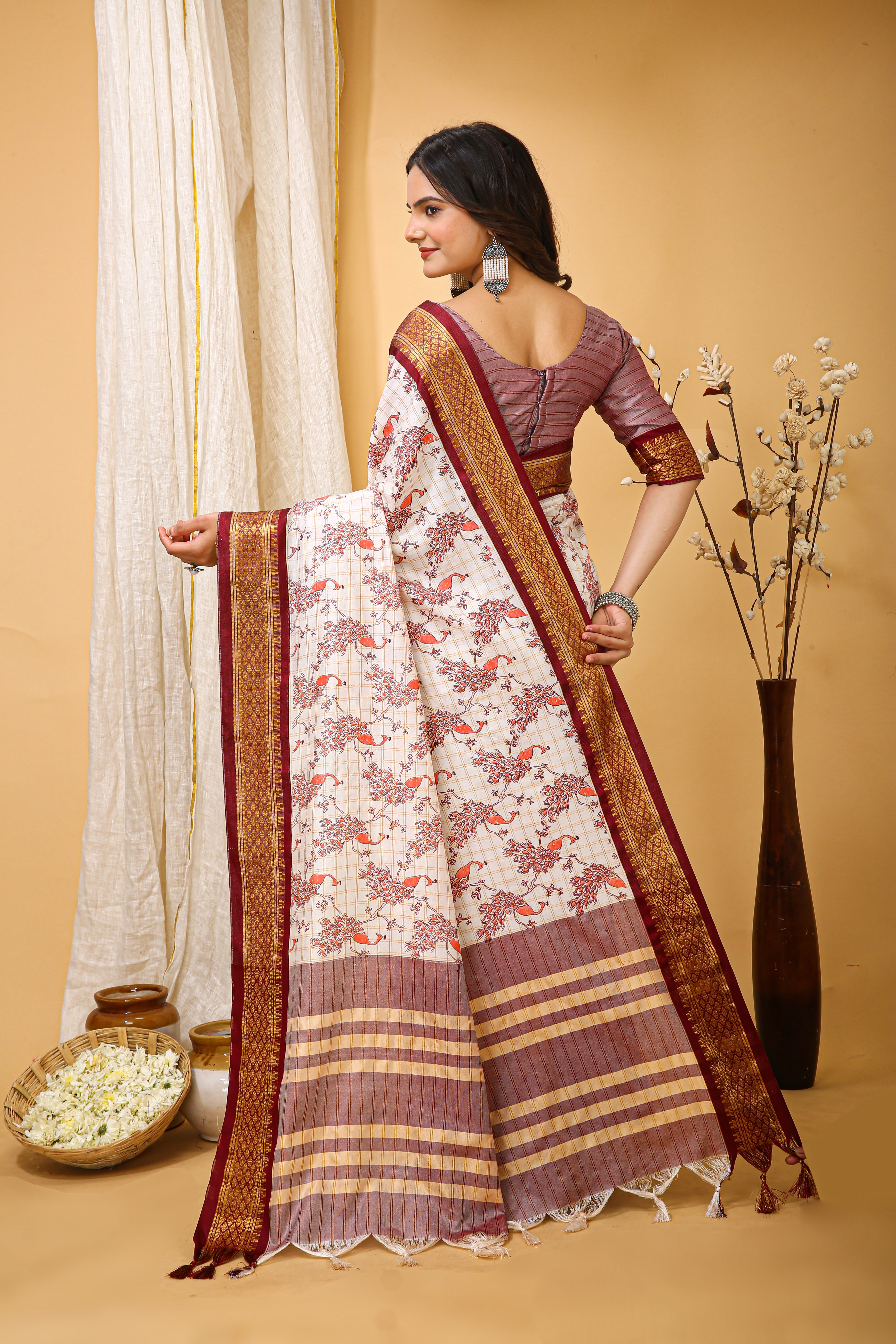 SOFT COTTON SILK PRINTED BROWN BODERED SAREE WITH PURE ZARI WORK & BEAUTIFUL JECARD BORDER UNSTICHED BLOUSE