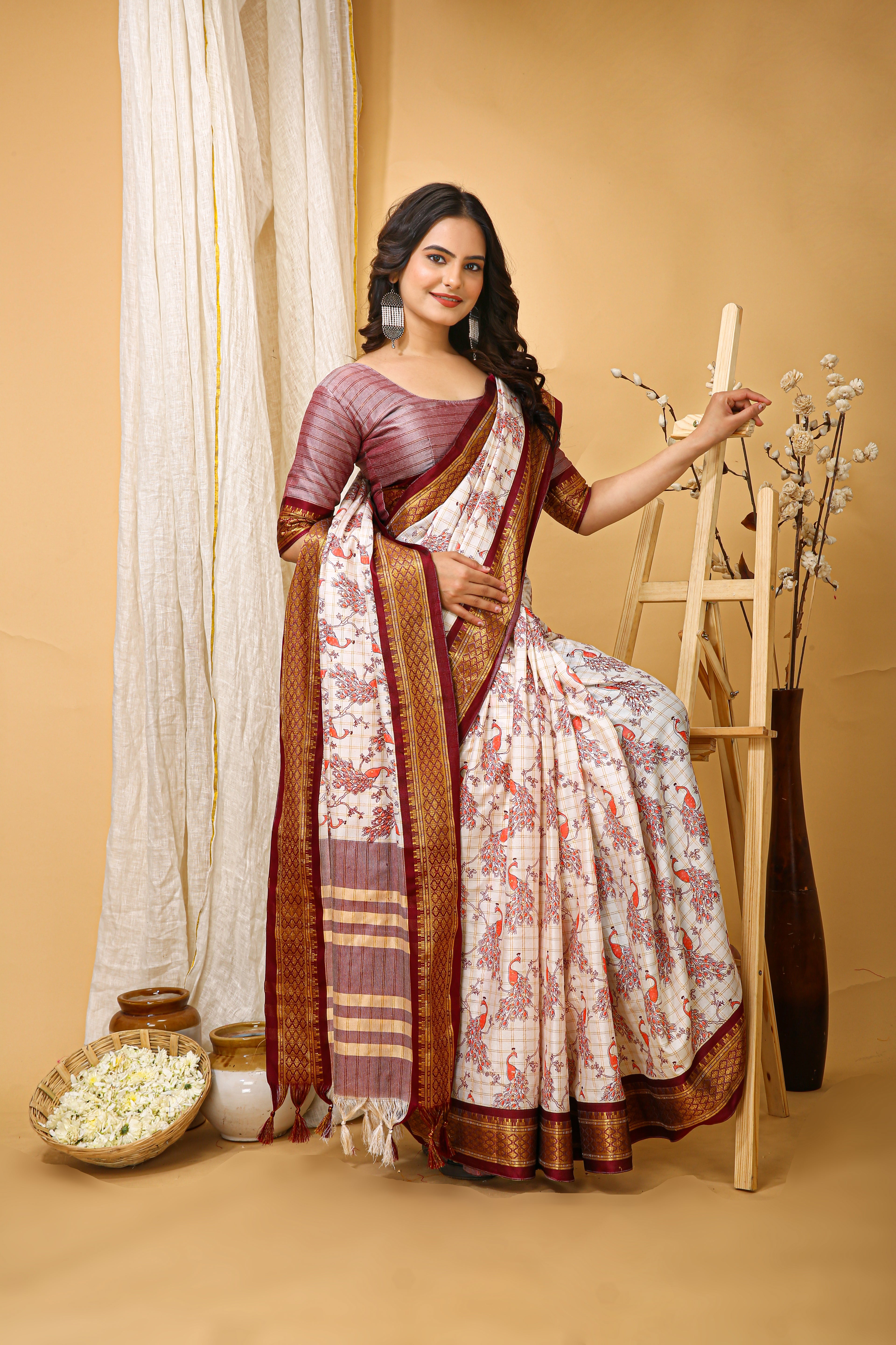 SOFT COTTON SILK PRINTED BROWN BODERED SAREE WITH PURE ZARI WORK & BEAUTIFUL JECARD BORDER UNSTICHED BLOUSE