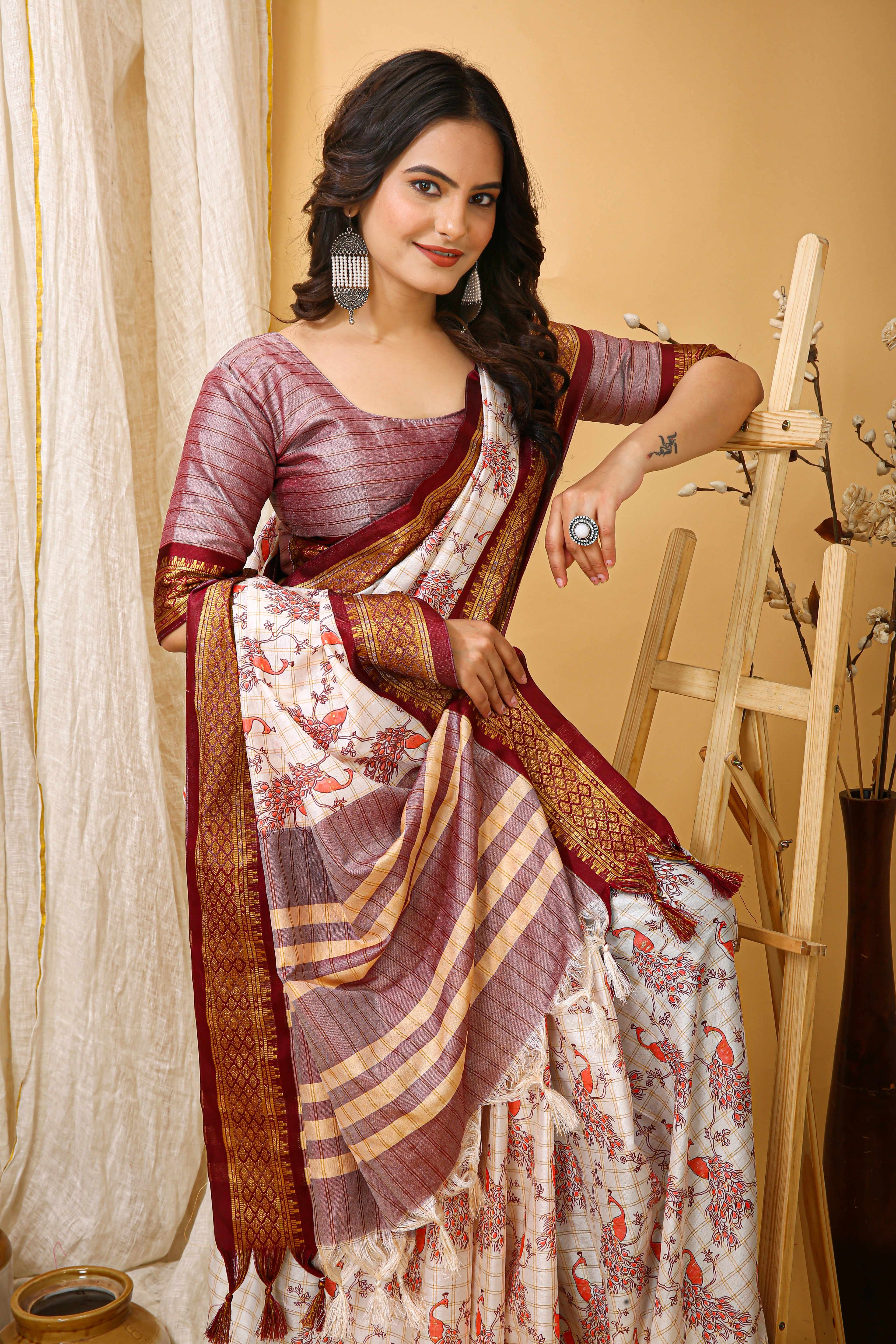 SOFT COTTON SILK PRINTED BROWN BODERED SAREE WITH PURE ZARI WORK & BEAUTIFUL JECARD BORDER UNSTICHED BLOUSE