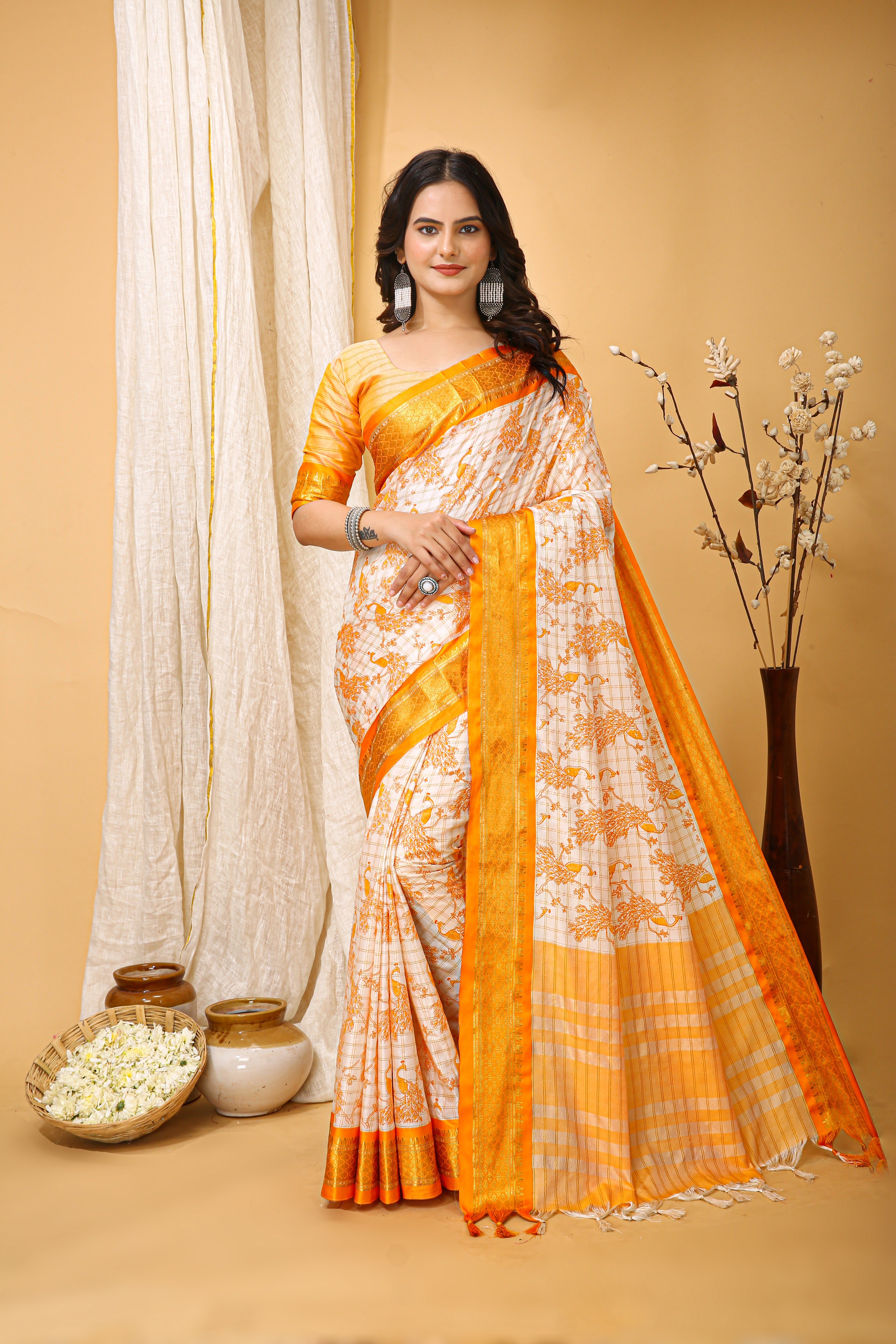 SOFT COTTON SILK PRINTED YELLOW BODERED SAREE WITH PURE ZARI WORK & BEAUTIFUL JECARD BORDER UNSTICHED BLOUSE