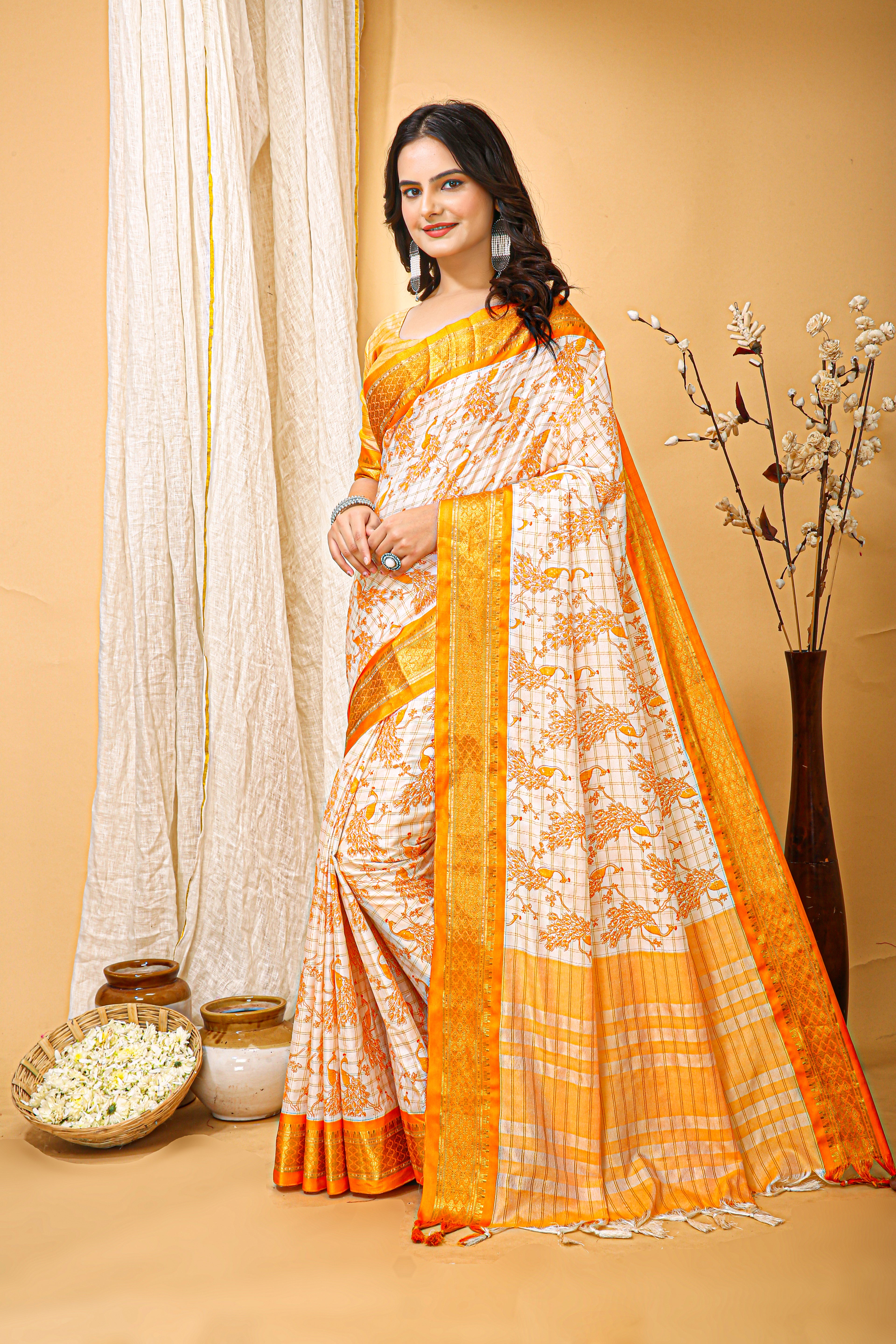 SOFT COTTON SILK PRINTED YELLOW BODERED SAREE WITH PURE ZARI WORK & BEAUTIFUL JECARD BORDER UNSTICHED BLOUSE