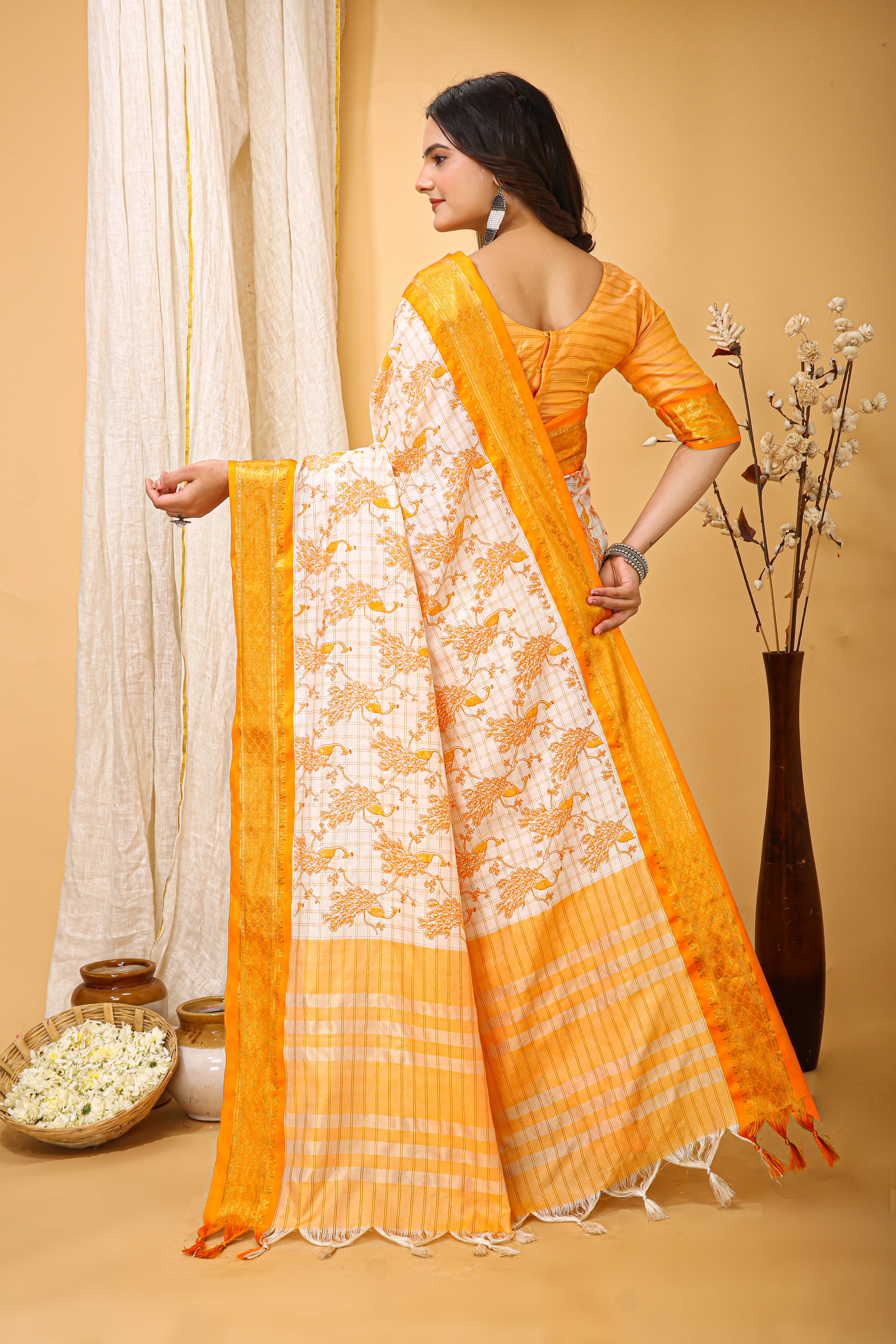 SOFT COTTON SILK PRINTED YELLOW BODERED SAREE WITH PURE ZARI WORK & BEAUTIFUL JECARD BORDER UNSTICHED BLOUSE