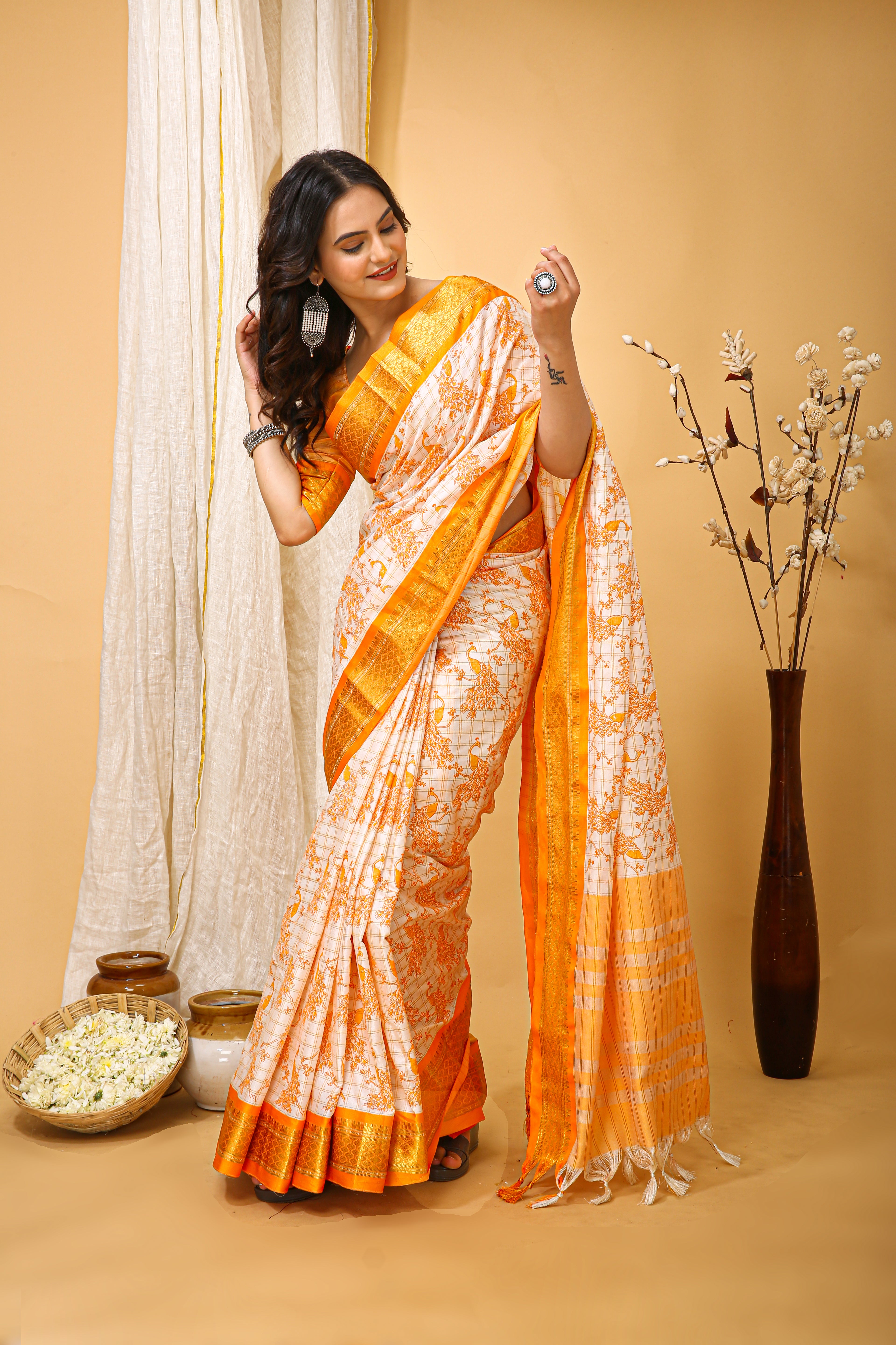 SOFT COTTON SILK PRINTED YELLOW BODERED SAREE WITH PURE ZARI WORK & BEAUTIFUL JECARD BORDER UNSTICHED BLOUSE