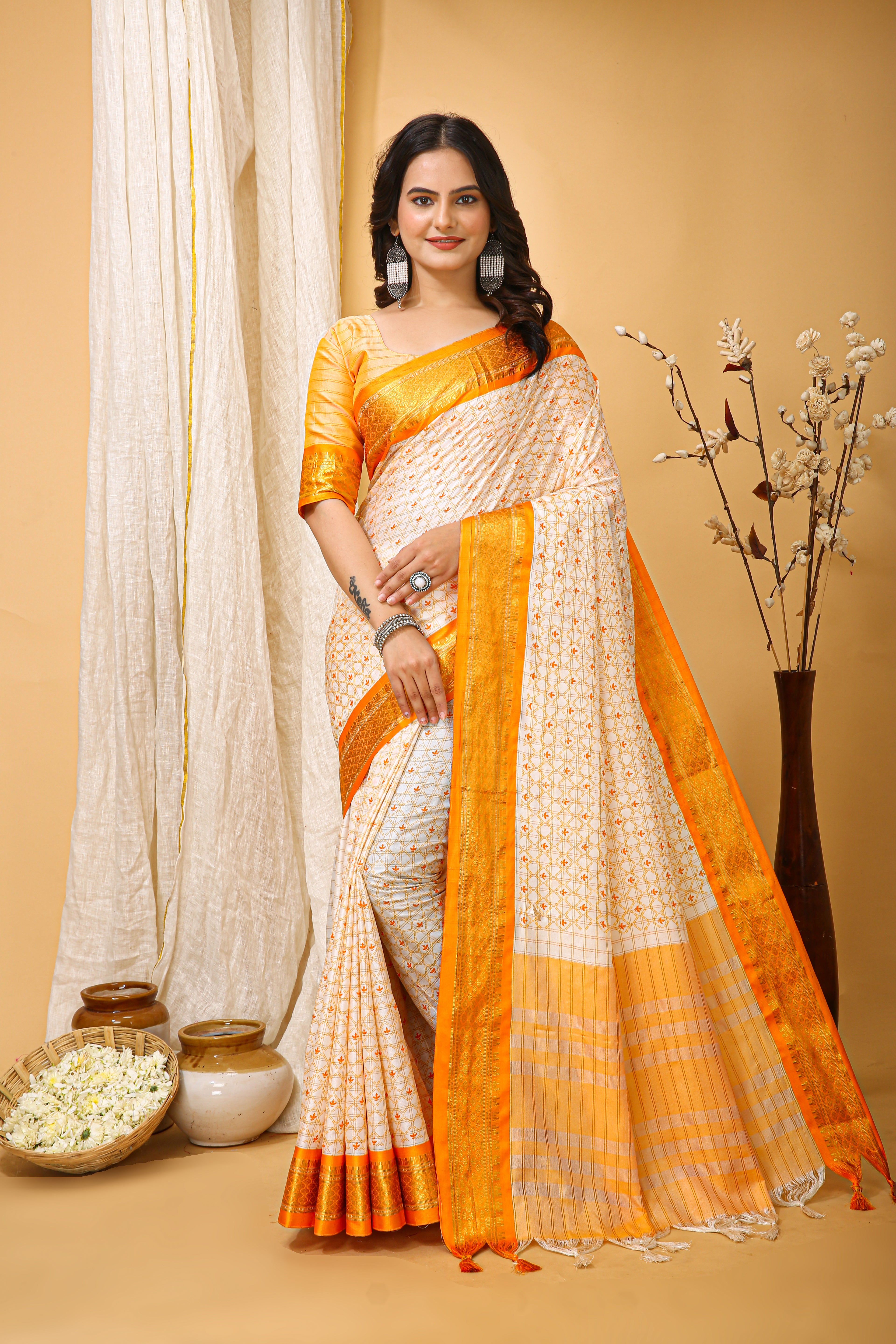 SOFT COTTON SILK CHECKS PRINTED YELLOW BODERED SAREE WITH PURE ZARI WORK & BEAUTIFUL JECARD BORDER UNSTICHED BLOUSE