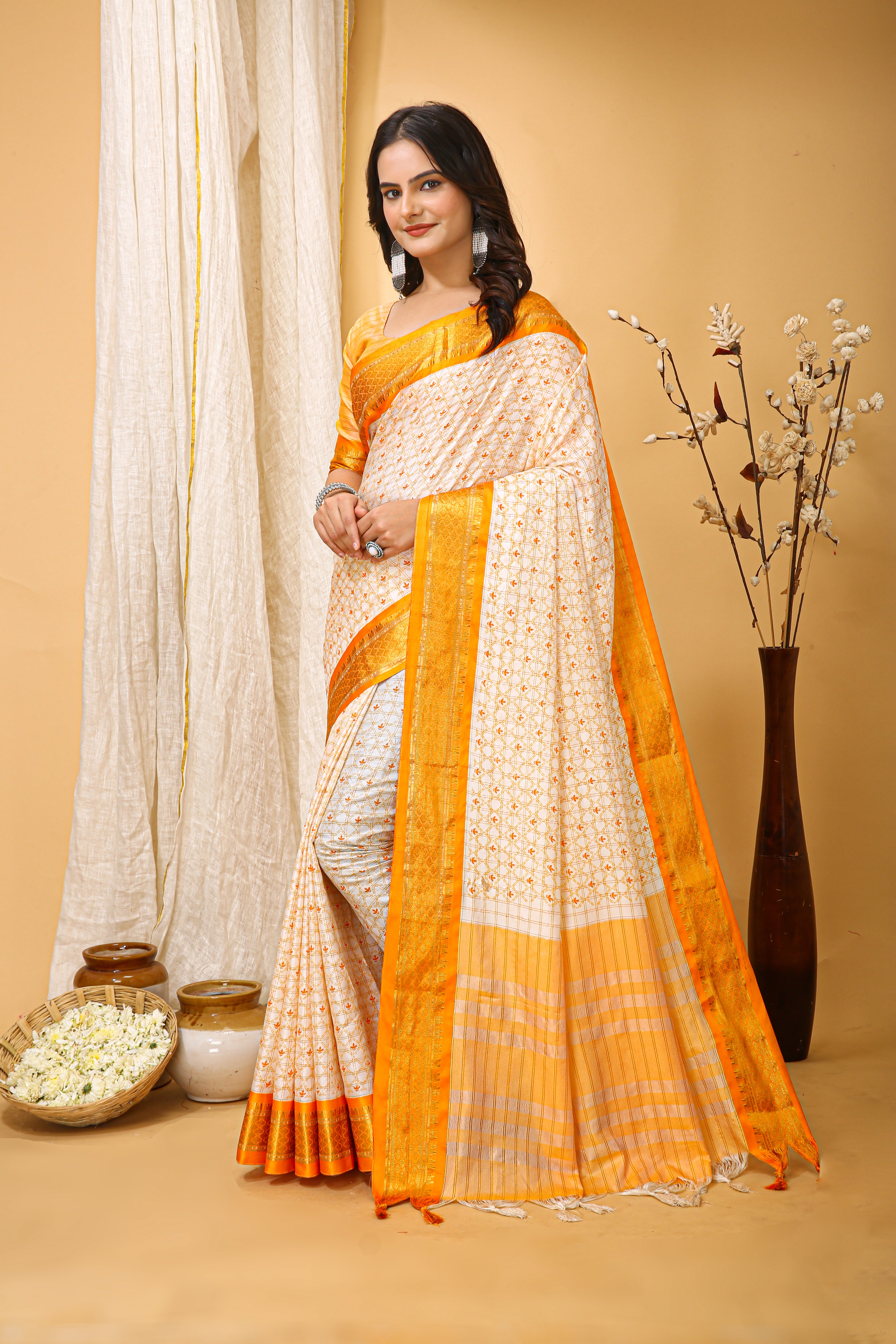 SOFT COTTON SILK CHECKS PRINTED YELLOW BODERED SAREE WITH PURE ZARI WORK & BEAUTIFUL JECARD BORDER UNSTICHED BLOUSE