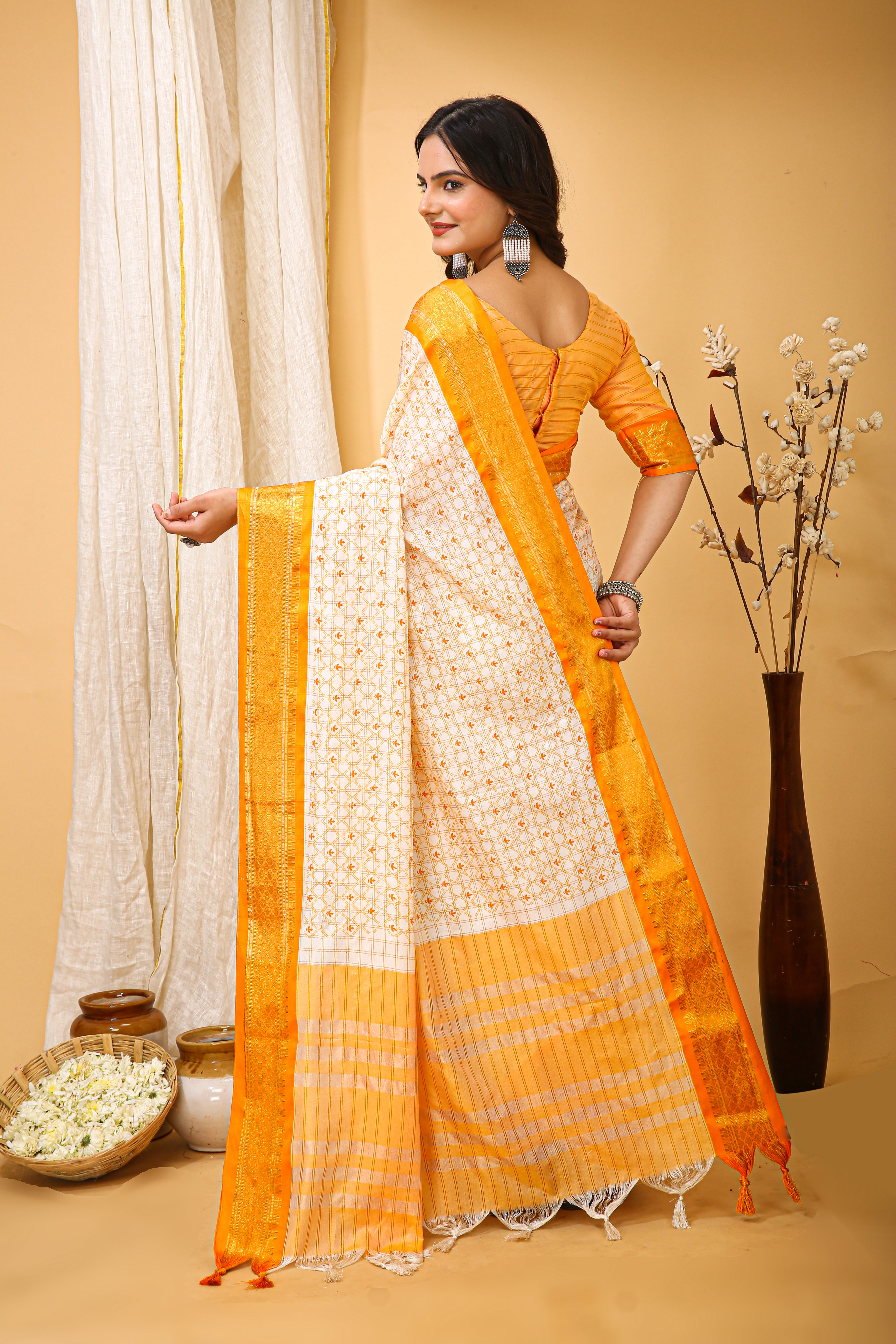 SOFT COTTON SILK CHECKS PRINTED YELLOW BODERED SAREE WITH PURE ZARI WORK & BEAUTIFUL JECARD BORDER UNSTICHED BLOUSE