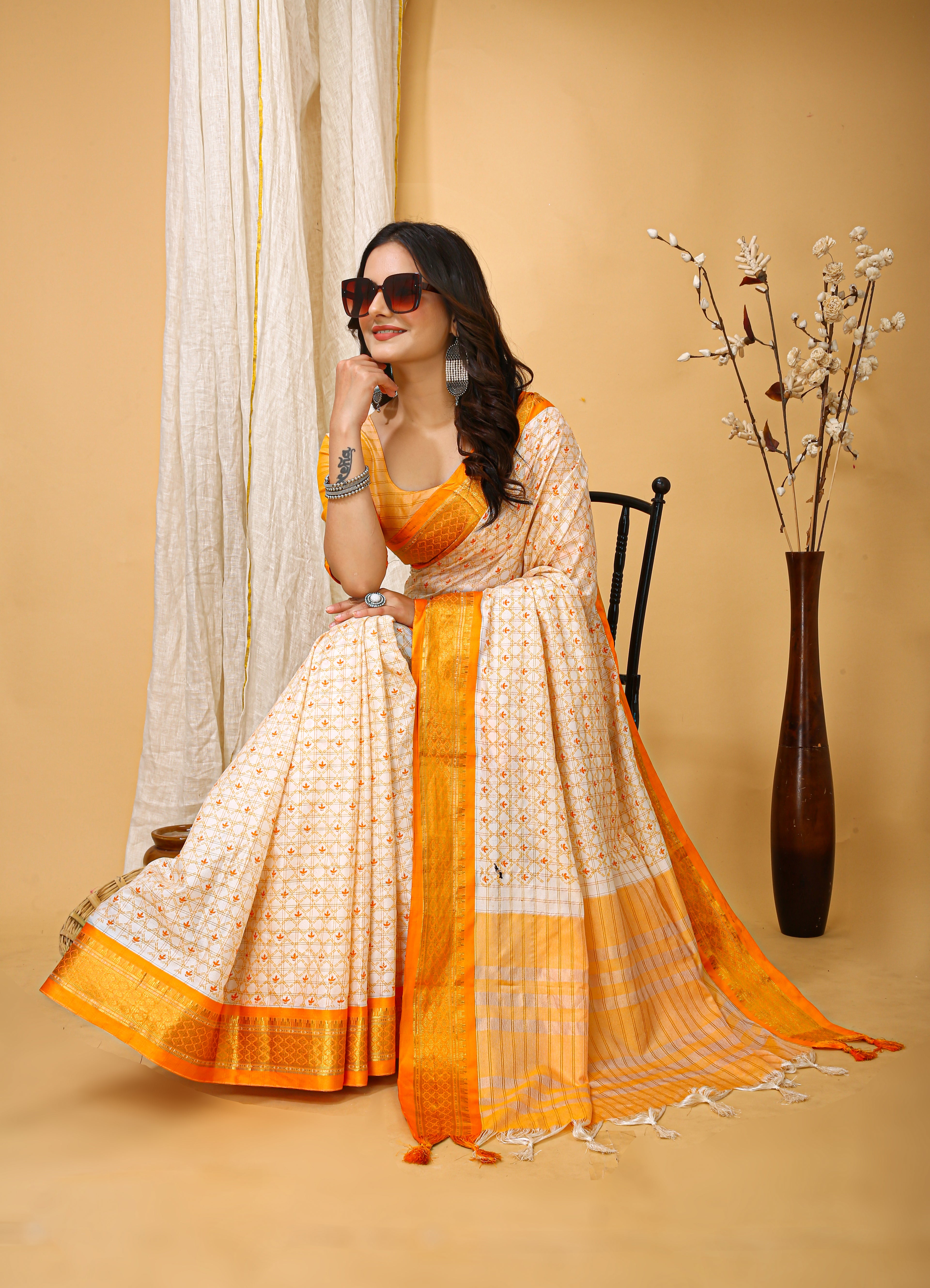 SOFT COTTON SILK CHECKS PRINTED YELLOW BODERED SAREE WITH PURE ZARI WORK & BEAUTIFUL JECARD BORDER UNSTICHED BLOUSE