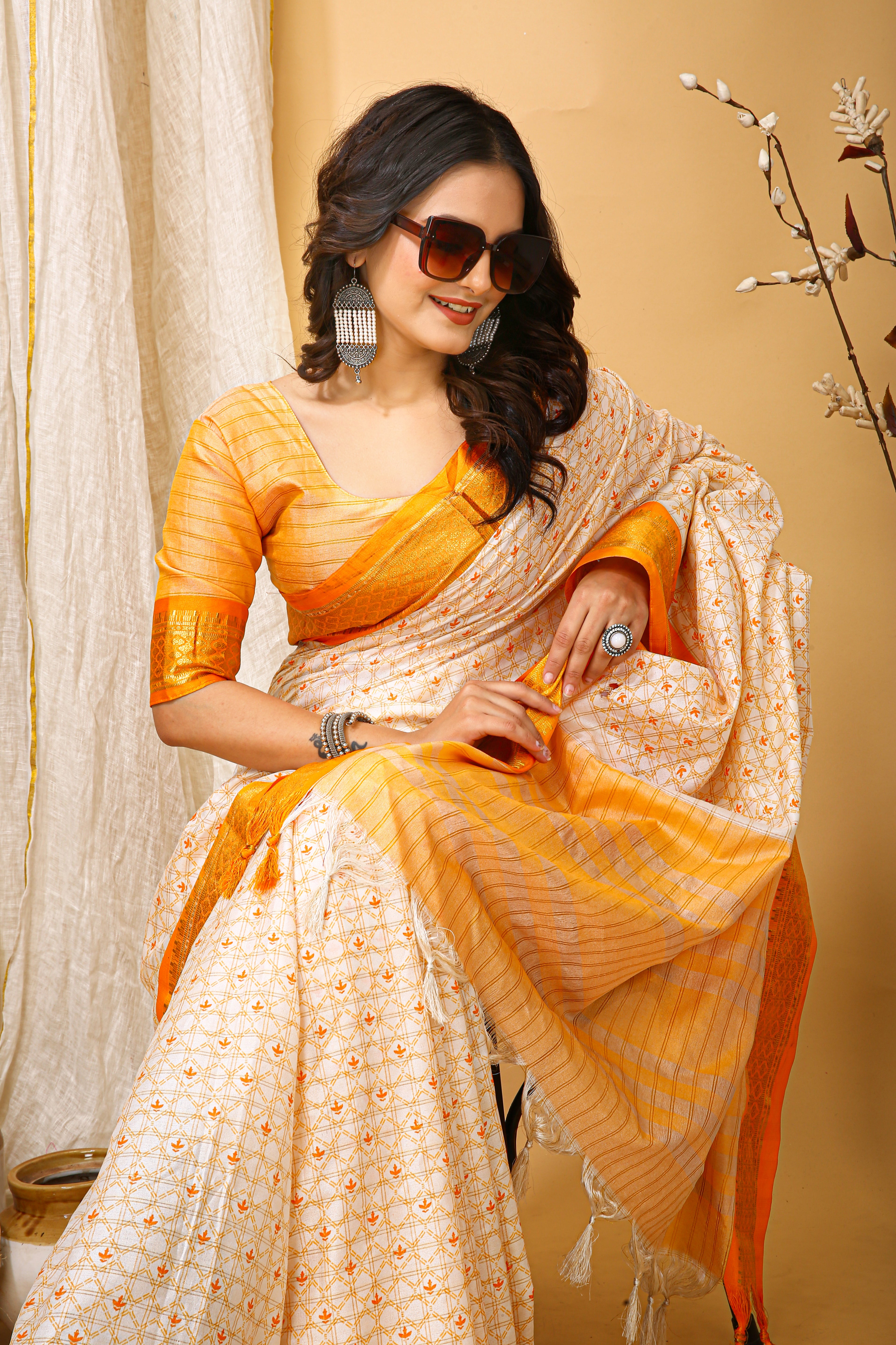 SOFT COTTON SILK CHECKS PRINTED YELLOW BODERED SAREE WITH PURE ZARI WORK & BEAUTIFUL JECARD BORDER UNSTICHED BLOUSE