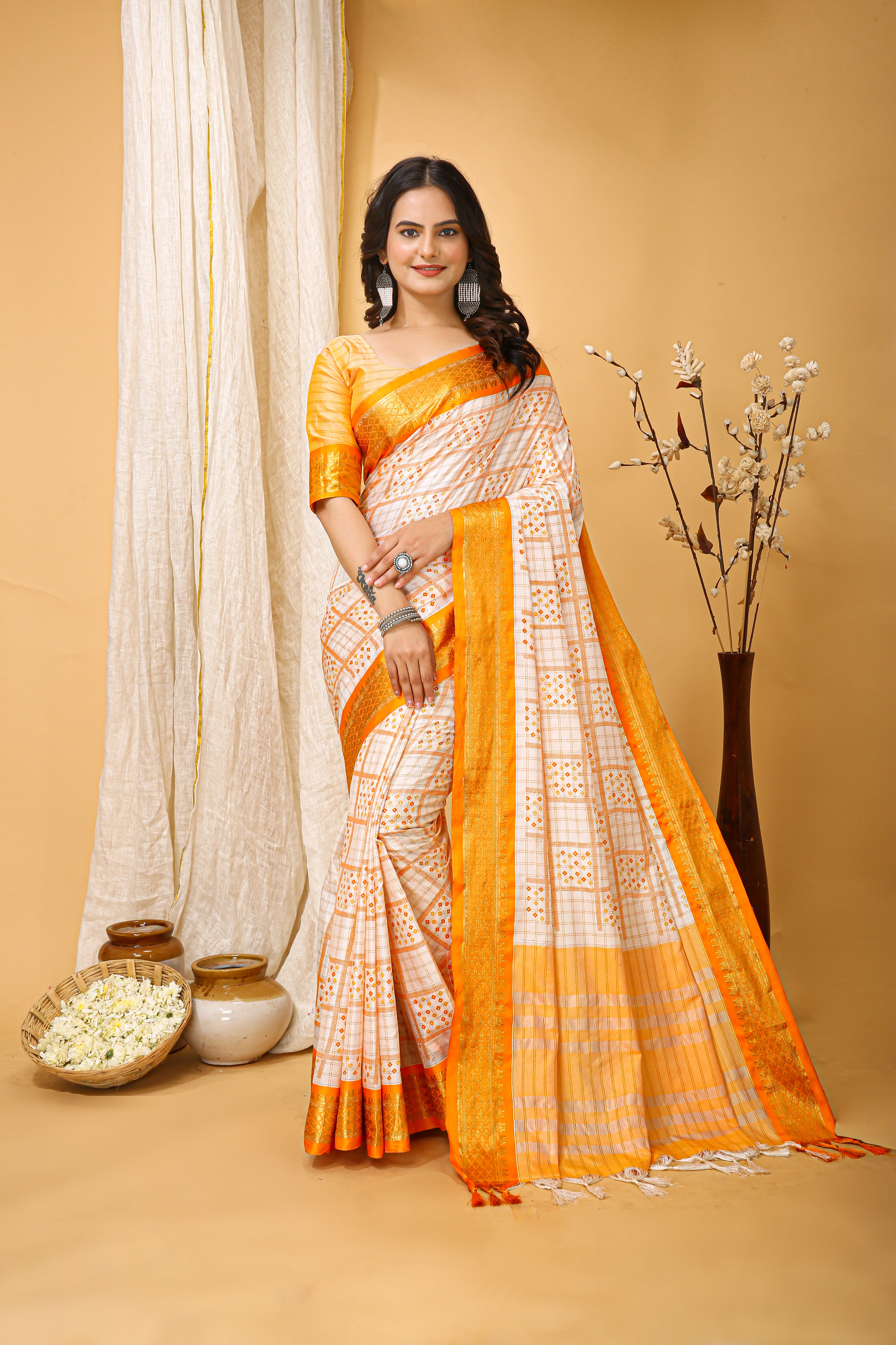 SOFT COTTON SILK BANDHEJ PRINTED YELLOW BODERED SAREE WITH PURE ZARI WORK & BEAUTIFUL JECARD BORDER UNSTICHED BLOUSE