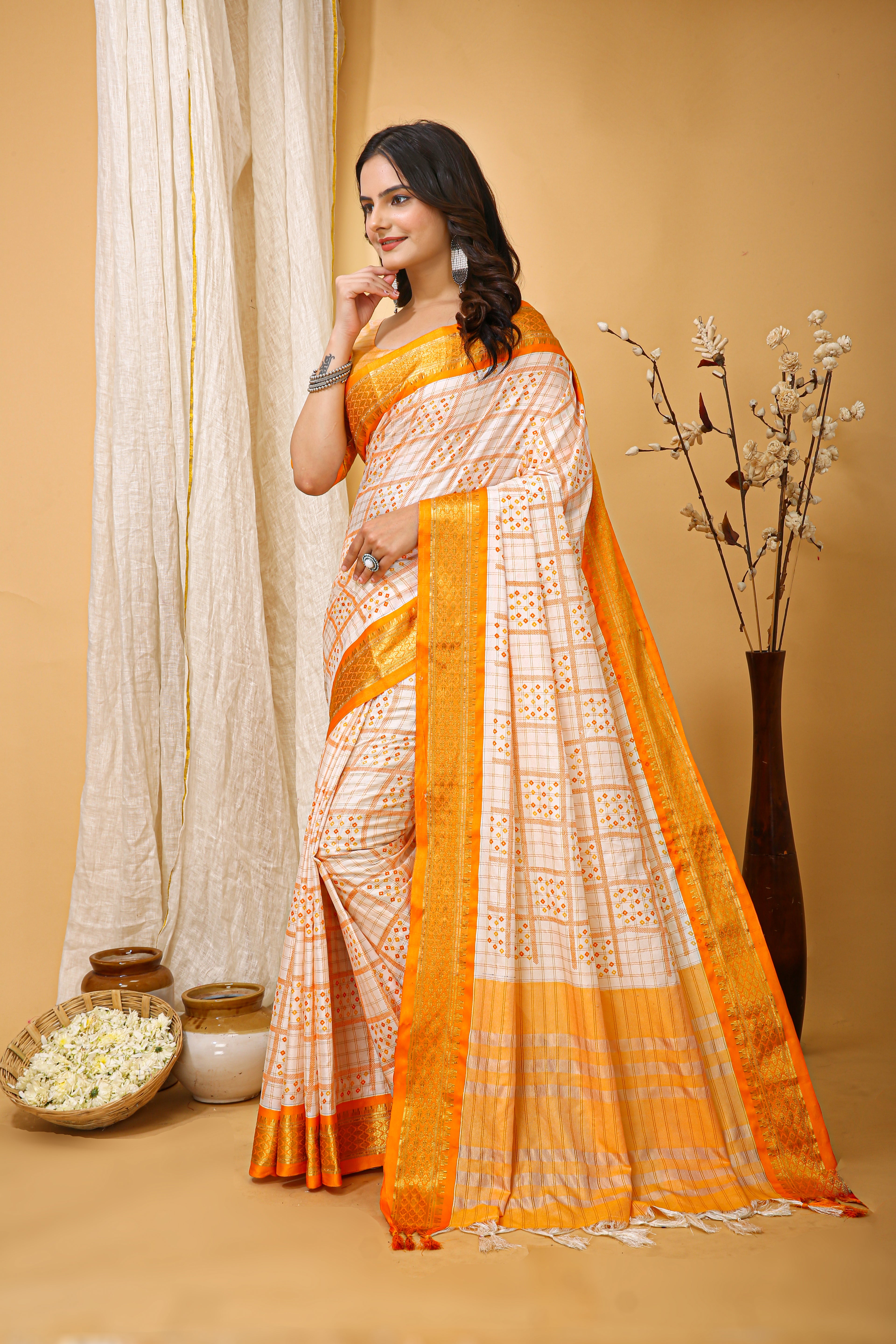 SOFT COTTON SILK BANDHEJ PRINTED YELLOW BODERED SAREE WITH PURE ZARI WORK & BEAUTIFUL JECARD BORDER UNSTICHED BLOUSE