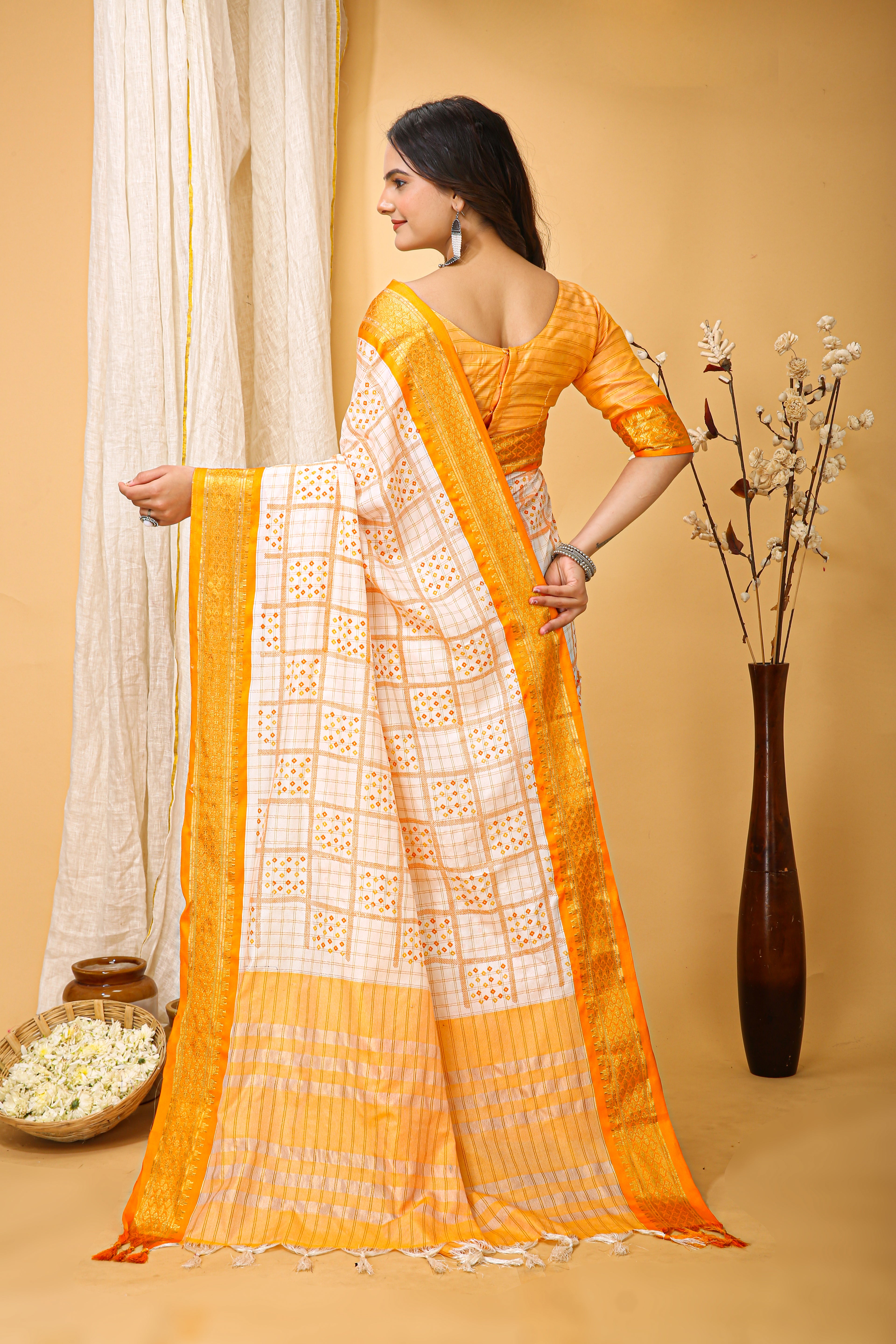 SOFT COTTON SILK BANDHEJ PRINTED YELLOW BODERED SAREE WITH PURE ZARI WORK & BEAUTIFUL JECARD BORDER UNSTICHED BLOUSE