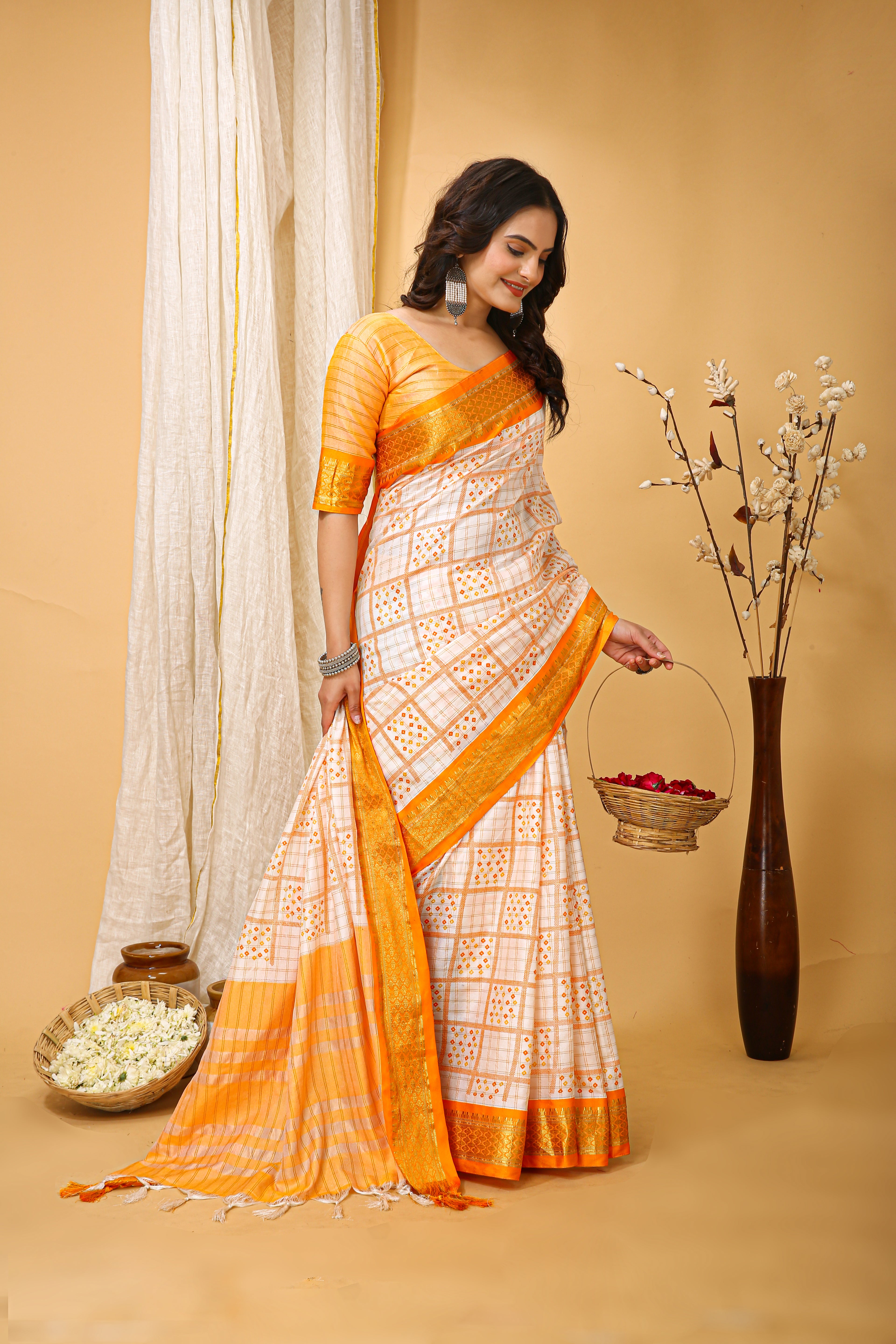 SOFT COTTON SILK BANDHEJ PRINTED YELLOW BODERED SAREE WITH PURE ZARI WORK & BEAUTIFUL JECARD BORDER UNSTICHED BLOUSE