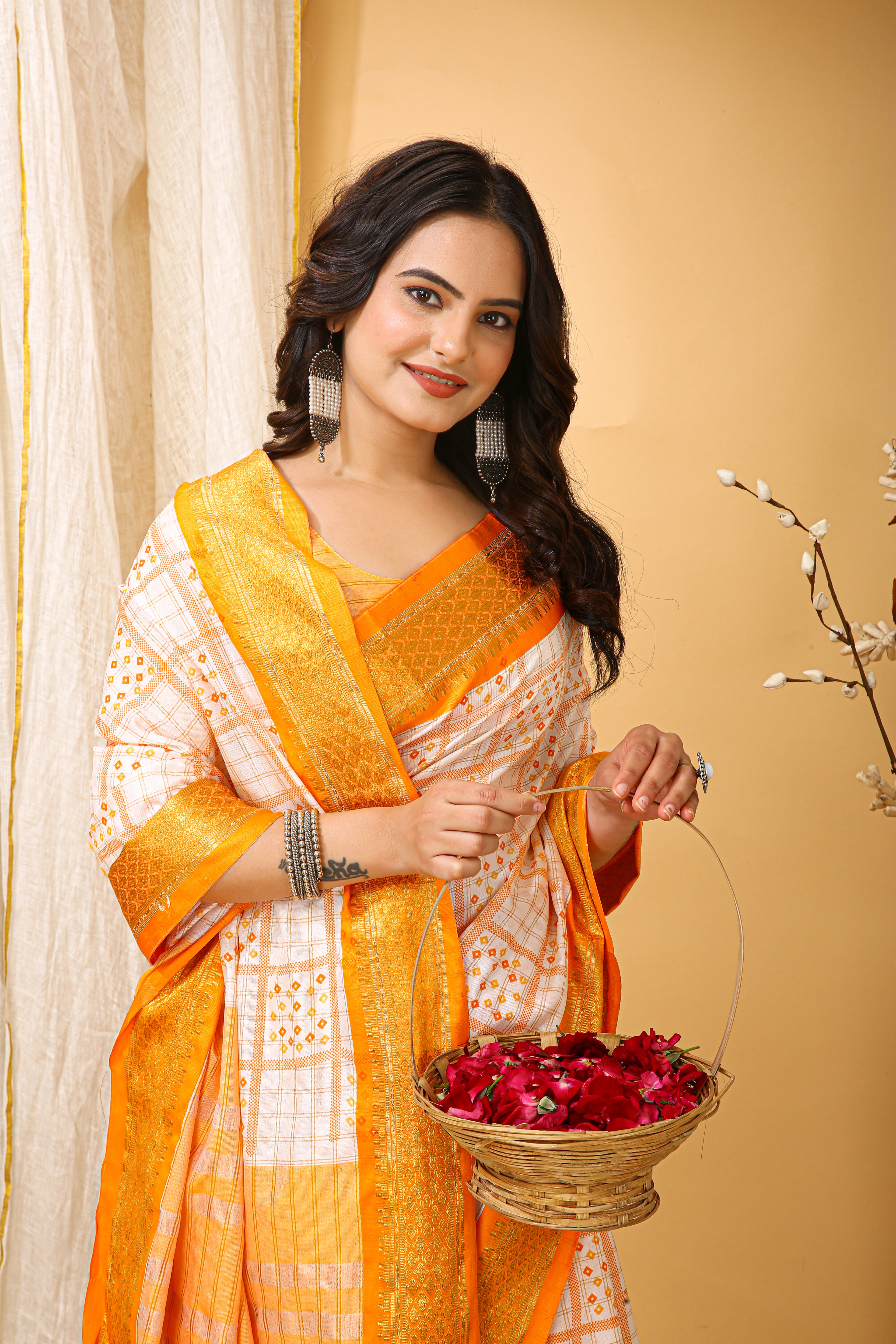 SOFT COTTON SILK BANDHEJ PRINTED YELLOW BODERED SAREE WITH PURE ZARI WORK & BEAUTIFUL JECARD BORDER UNSTICHED BLOUSE