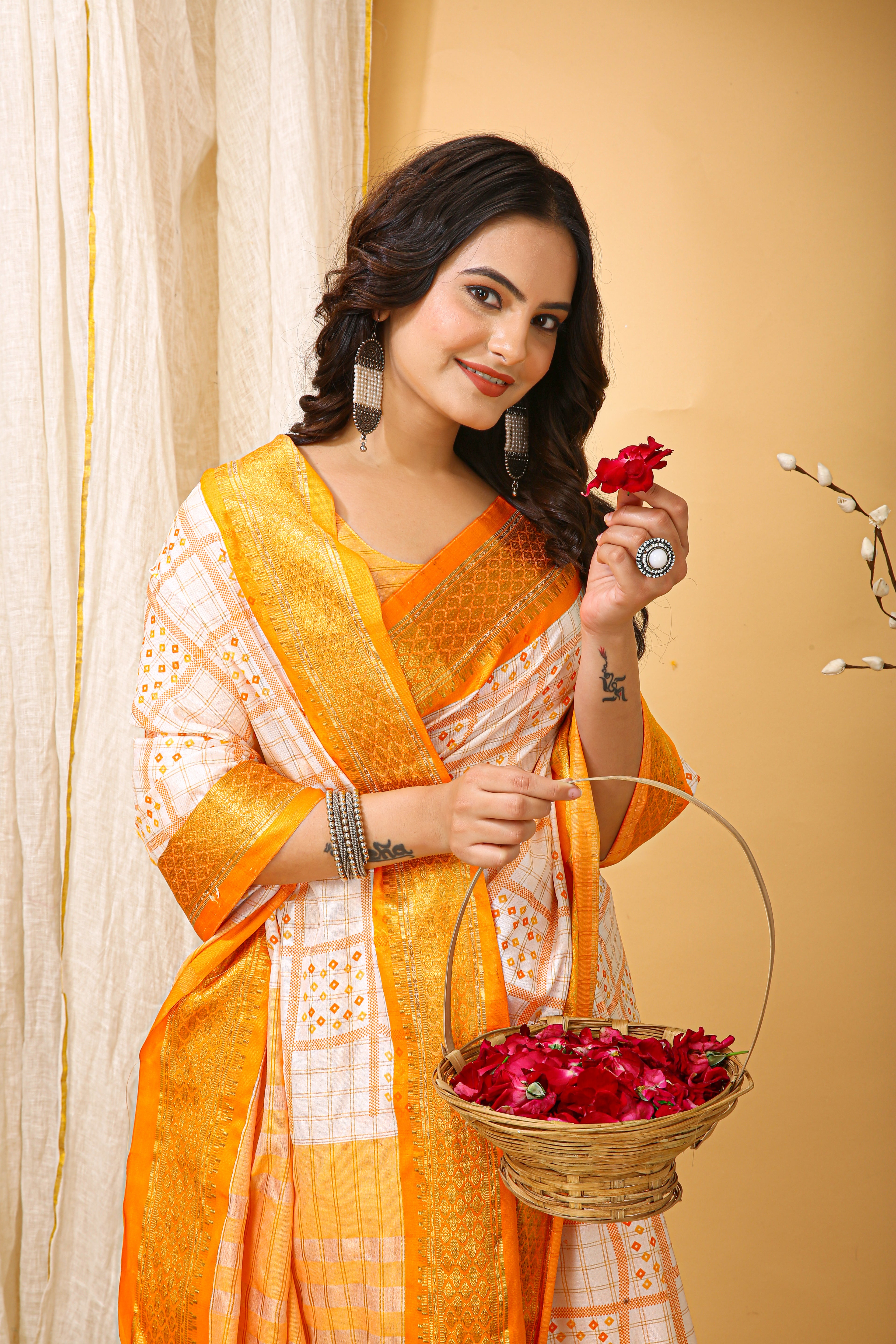 SOFT COTTON SILK BANDHEJ PRINTED YELLOW BODERED SAREE WITH PURE ZARI WORK & BEAUTIFUL JECARD BORDER UNSTICHED BLOUSE