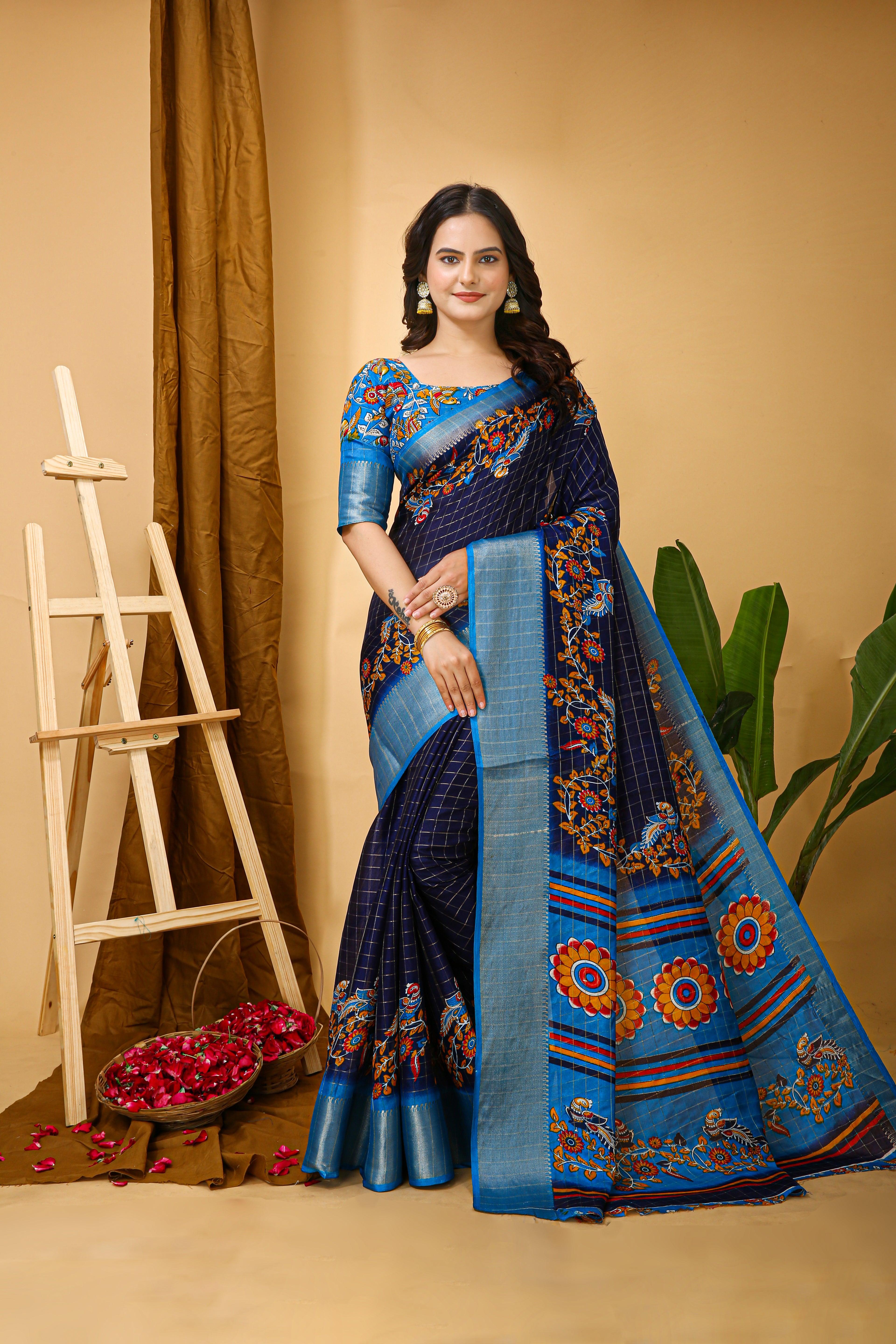 New Fancy Kalamkari Print & Jecard Kanjivaram Zari Boder Blue Saree With Unstiched Blouse