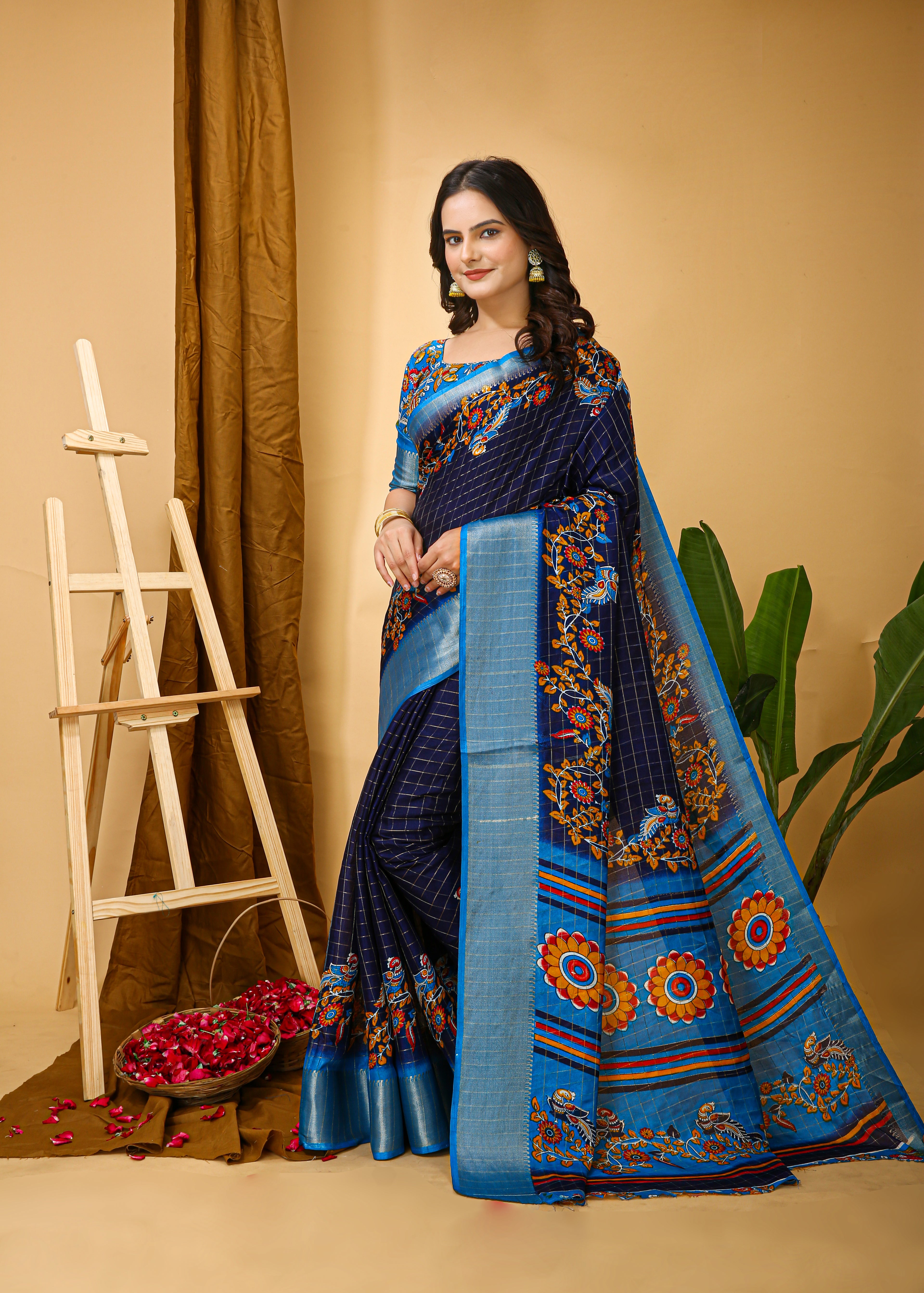 New Fancy Kalamkari Print & Jecard Kanjivaram Zari Boder Blue Saree With Unstiched Blouse