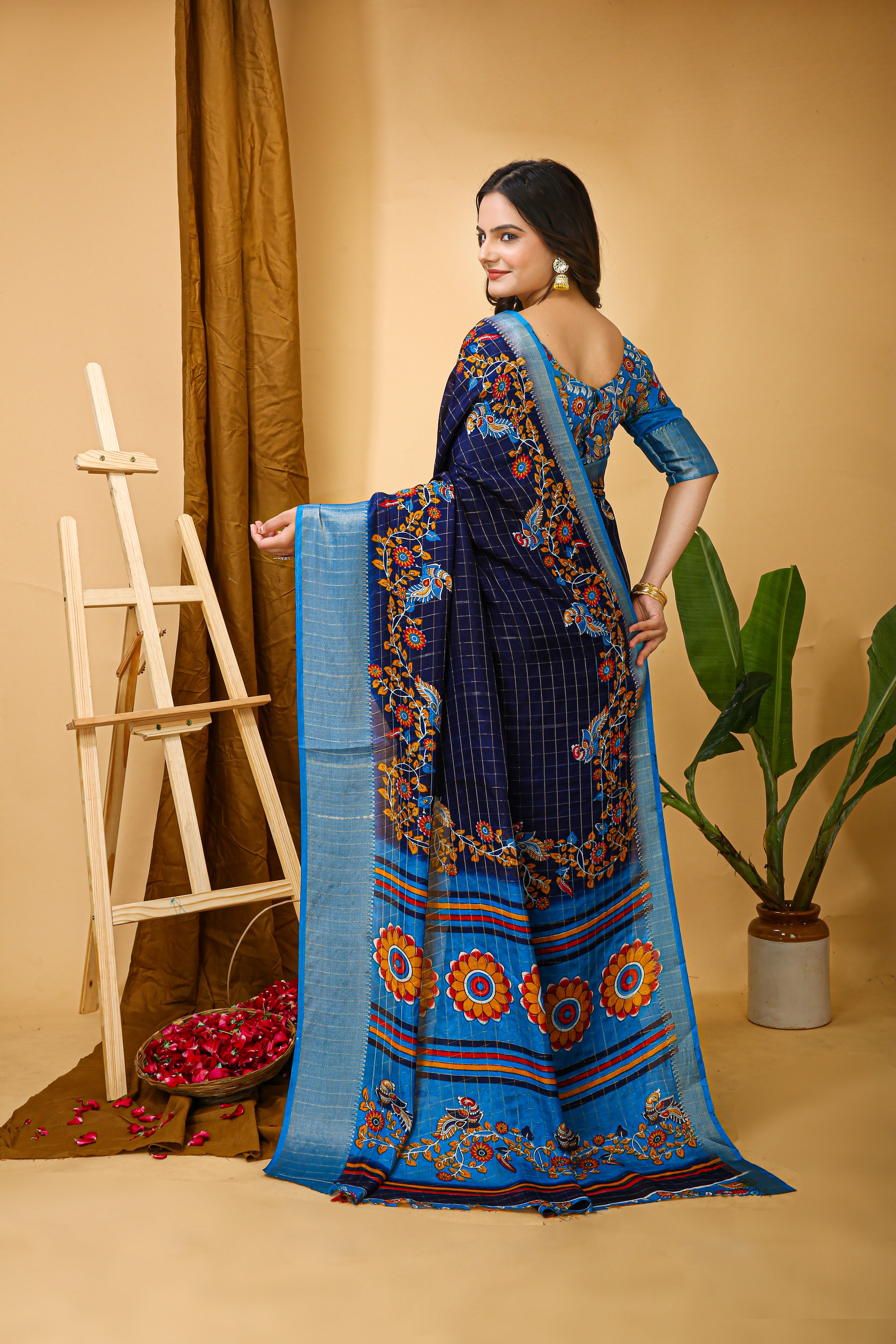 New Fancy Kalamkari Print & Jecard Kanjivaram Zari Boder Blue Saree With Unstiched Blouse