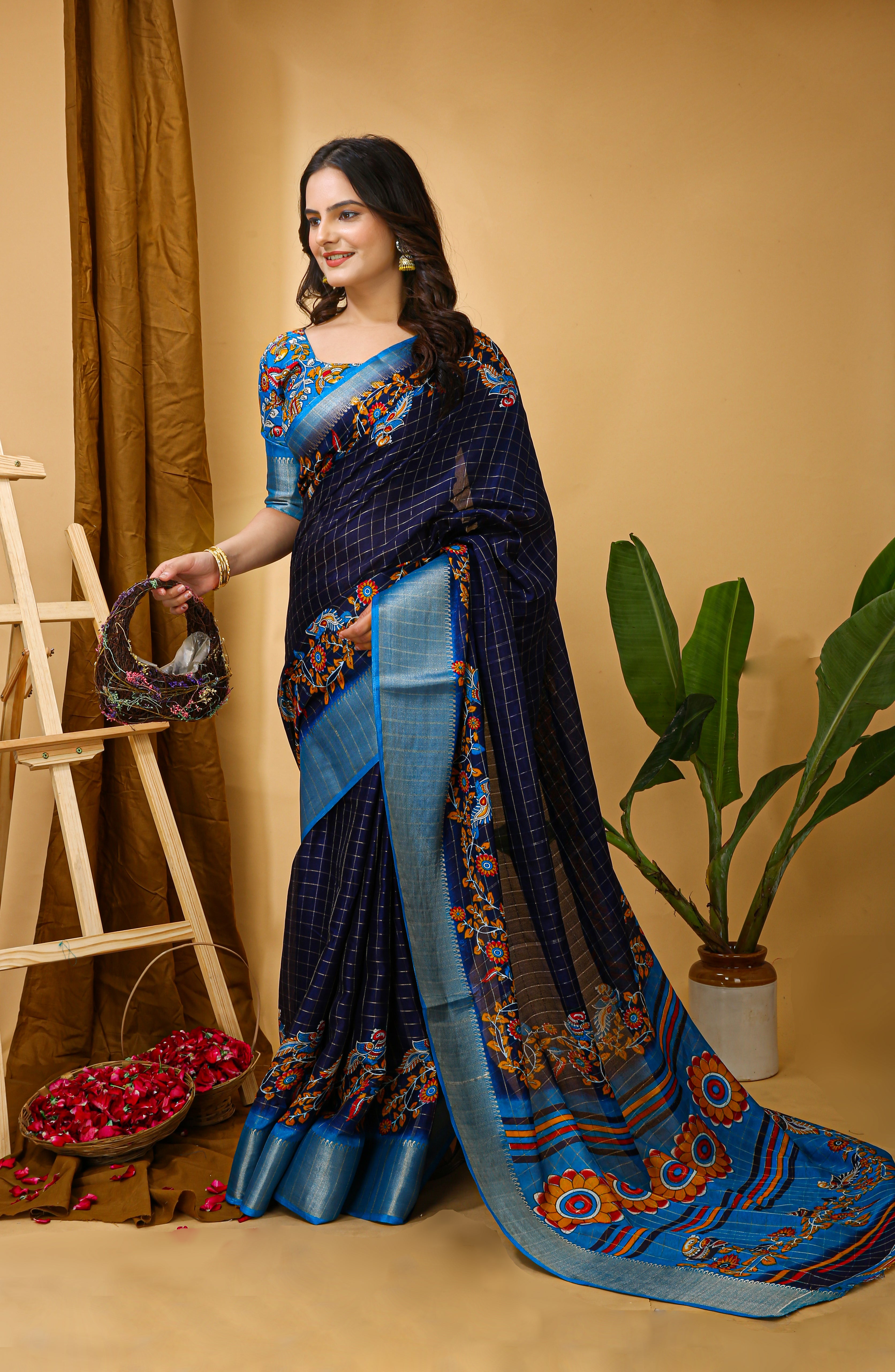 New Fancy Kalamkari Print & Jecard Kanjivaram Zari Boder Blue Saree With Unstiched Blouse